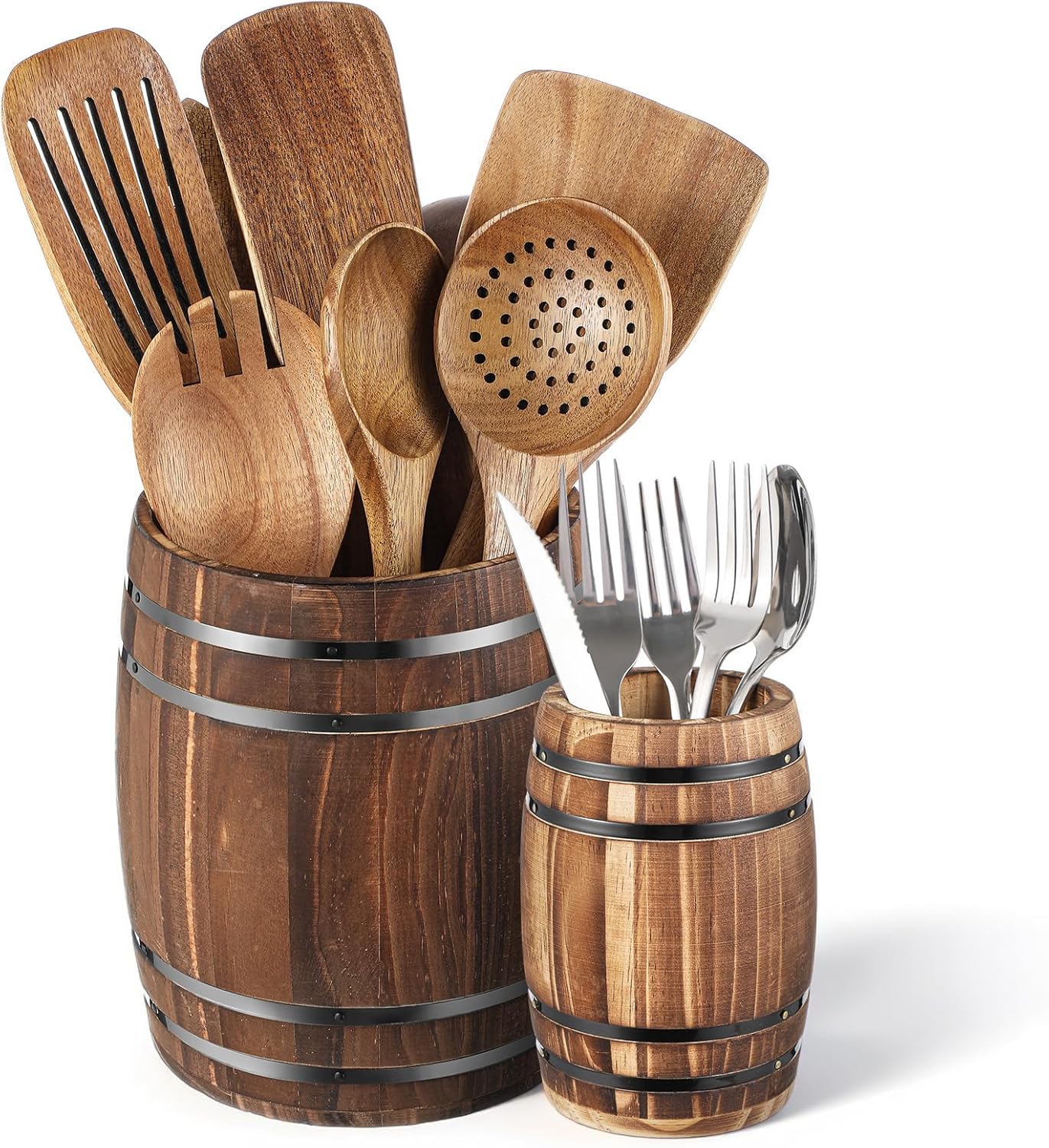 Honeydak 2 Pcs Wood Wine Barrel Kitchen Utensil Crock 7"+5.3" Vintage Rustic Burnt Cooking Tool Holder Western Wine Barrel Vase Planter Cooking Tool Holder Farmhouse Wedding Party Decoration