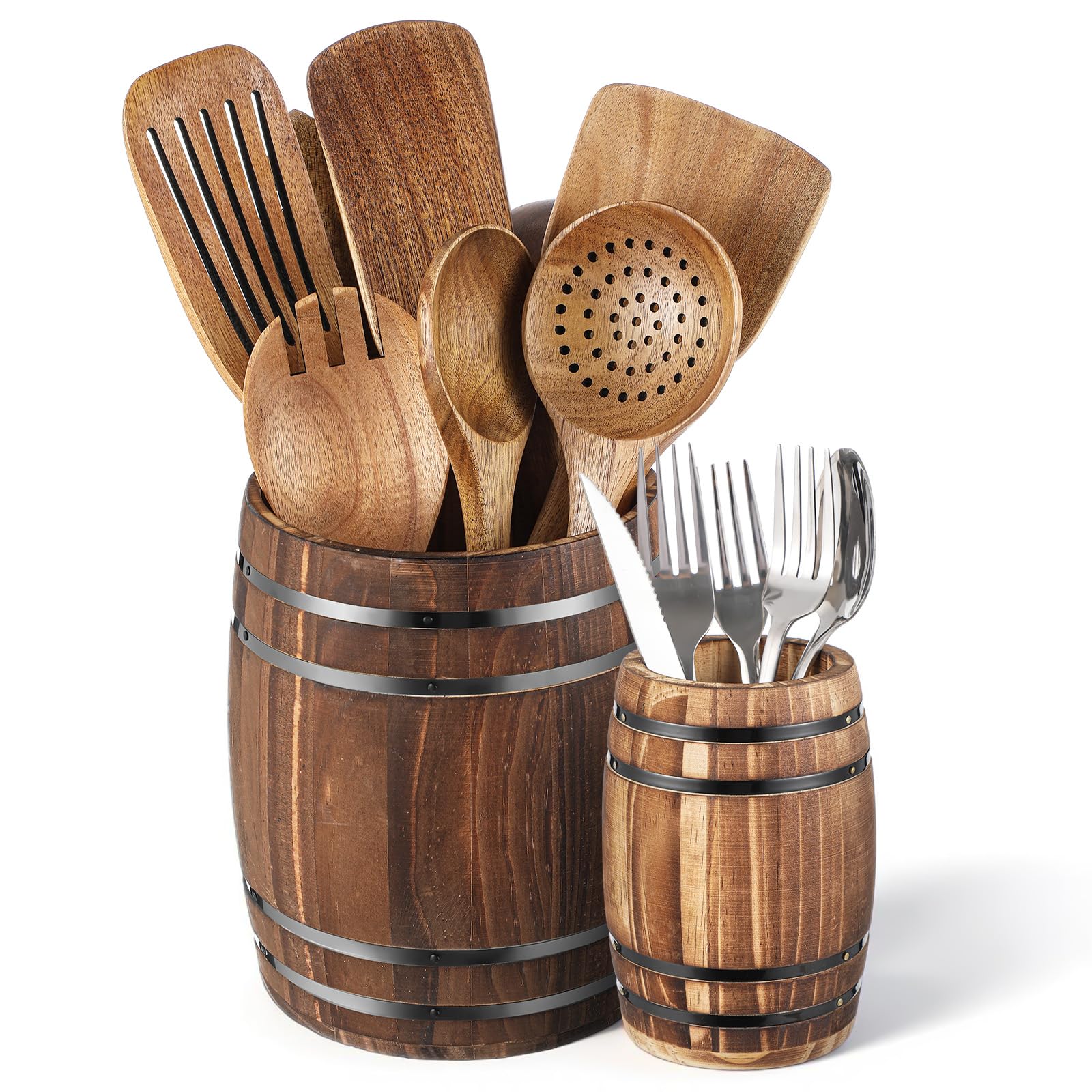 Photo 1 of Honeydak 2 Pcs Wood Wine Barrel Kitchen Utensil Crock 7"+5.3" Vintage Rustic Burnt Cooking Tool Holder Western Wine Barrel Vase Planter Cooking Tool Holder Farmhouse Wedding Party Decoration ( UTENSILS NOT INCLUDED)