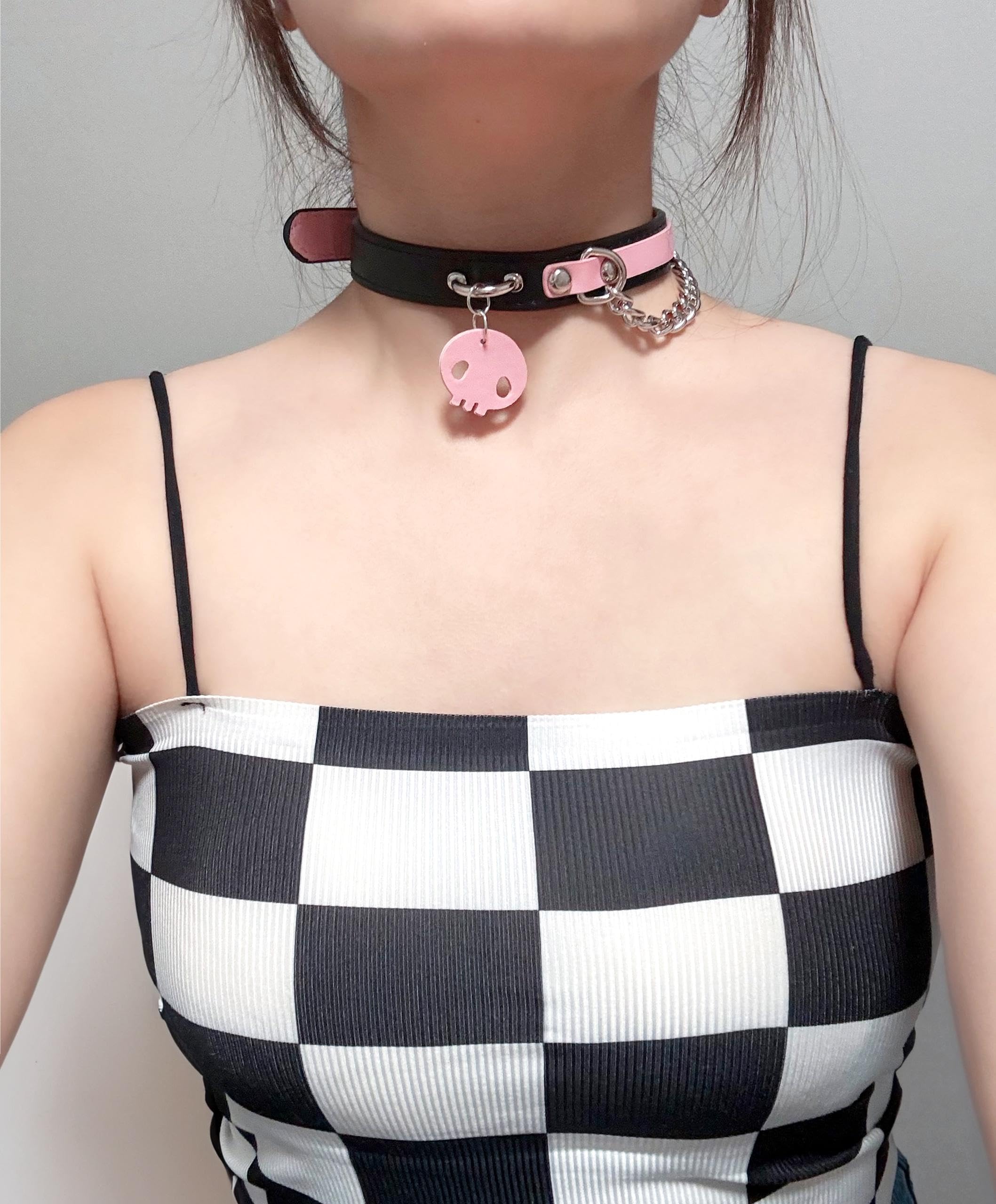 EverGlimp Leather Choker Collar Necklace For Women,Cute Skull Gothic Punk Rock Choker Necklace Collars: PINK SKULL