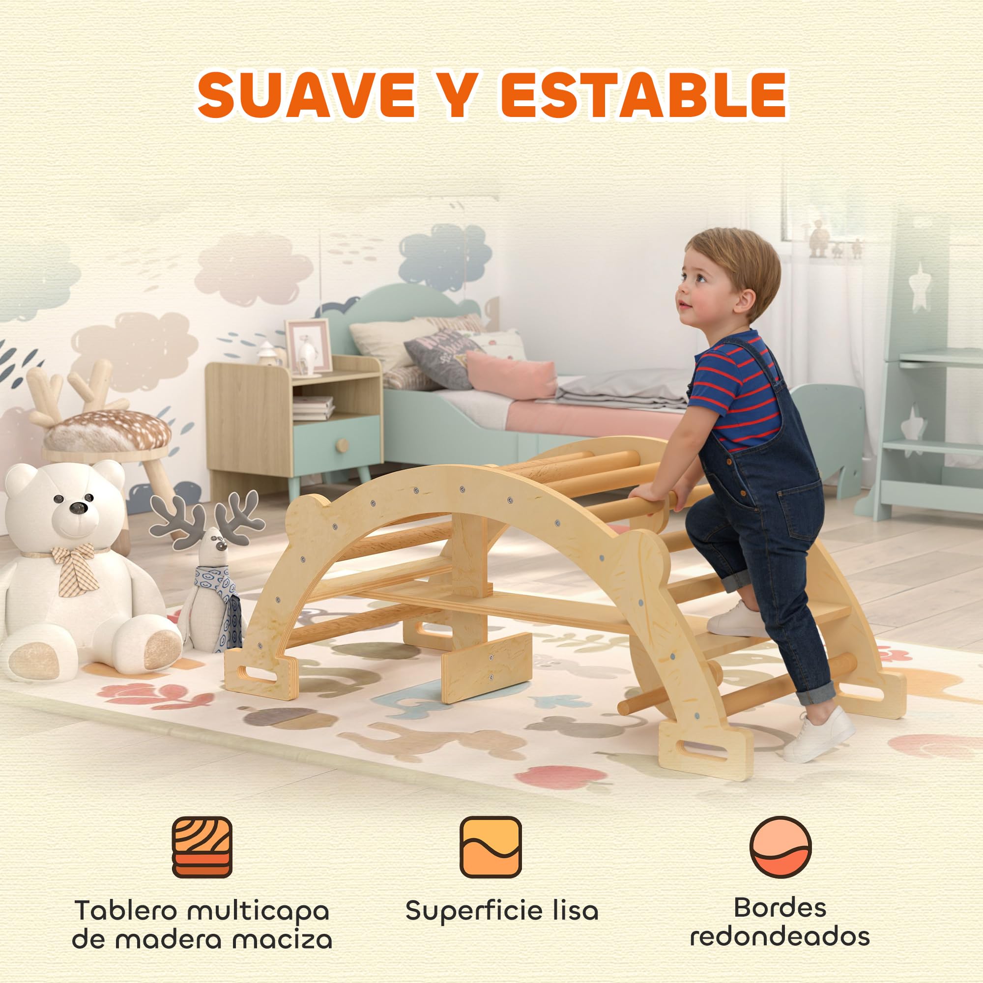 AIYAPLAY 2 en 1 Arco de Escalada de Madera y Caballito Balancín, Estructura de Escalada Montessori, Juguetes Educativo de Interior para Niños de 2-4 Años, Natural