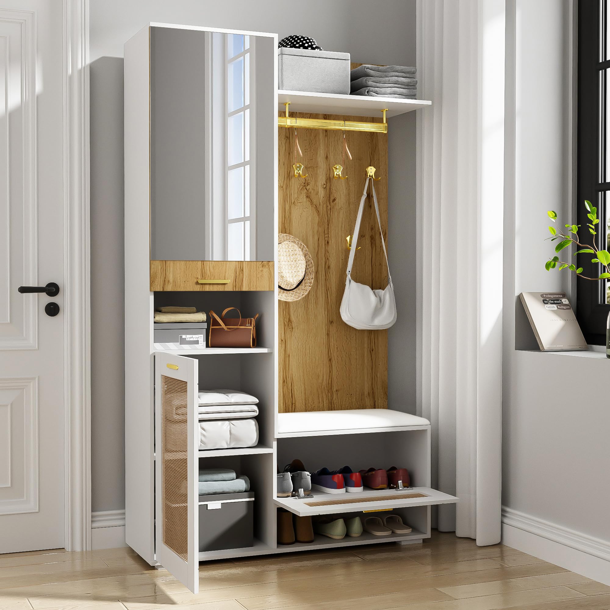 Garderobenset mit Spiegel und LED, Wandgarderobe mit Schuhbank, 110x38x190cm