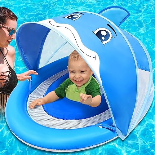 AMENON Baby Swimming Pool Float Ring with Adjustable Removable Canopy UPF50+ Sun Protection Never Flip Over Safety Seat Inflatable Baby Spring