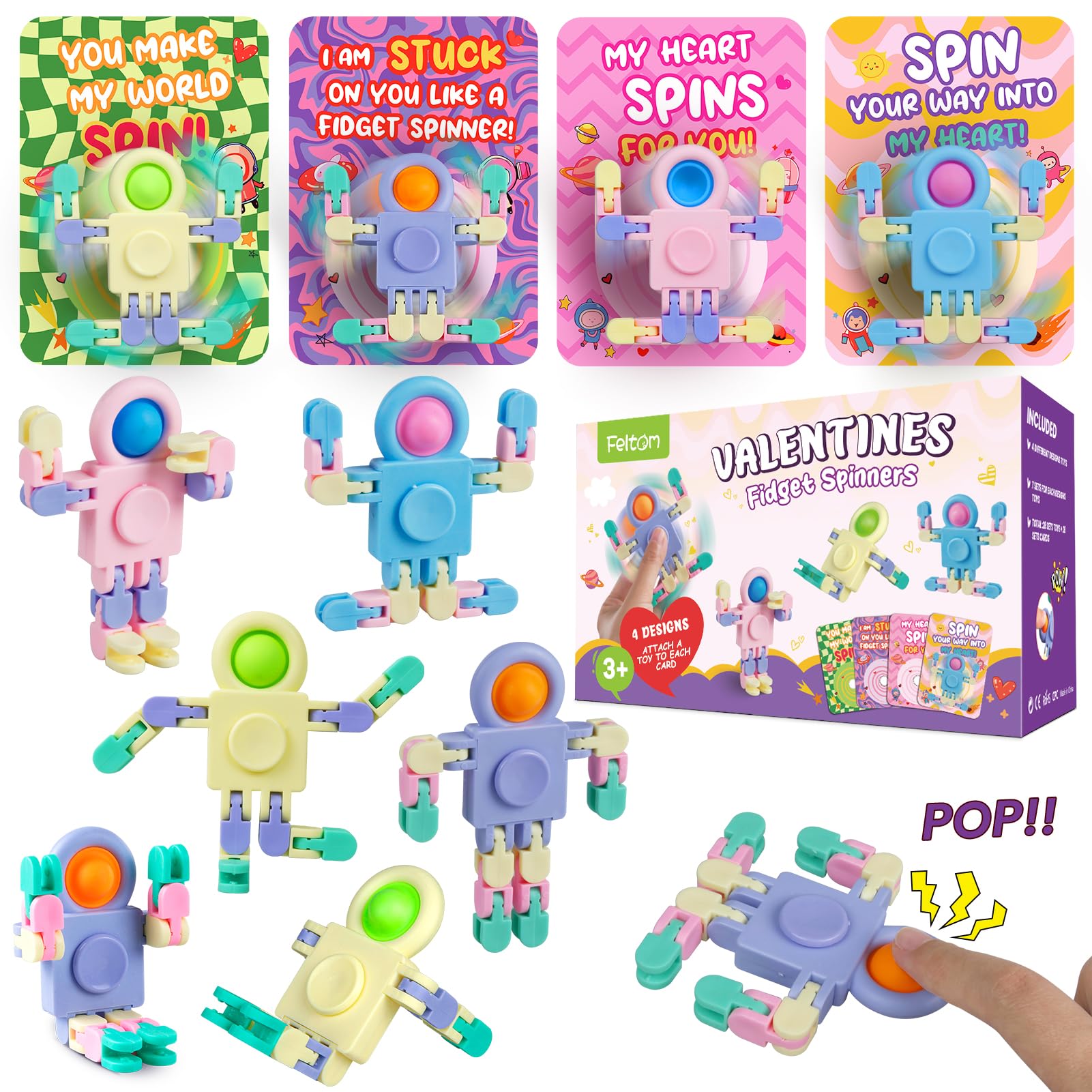 Feltom 28 PCS Chain Press Vent Spaceman - Valentines Cards for Kids Wacky Track Finger Fidget Sensory Stress Relief Toy - Valentine Exchange Prizes for Girls Boys School