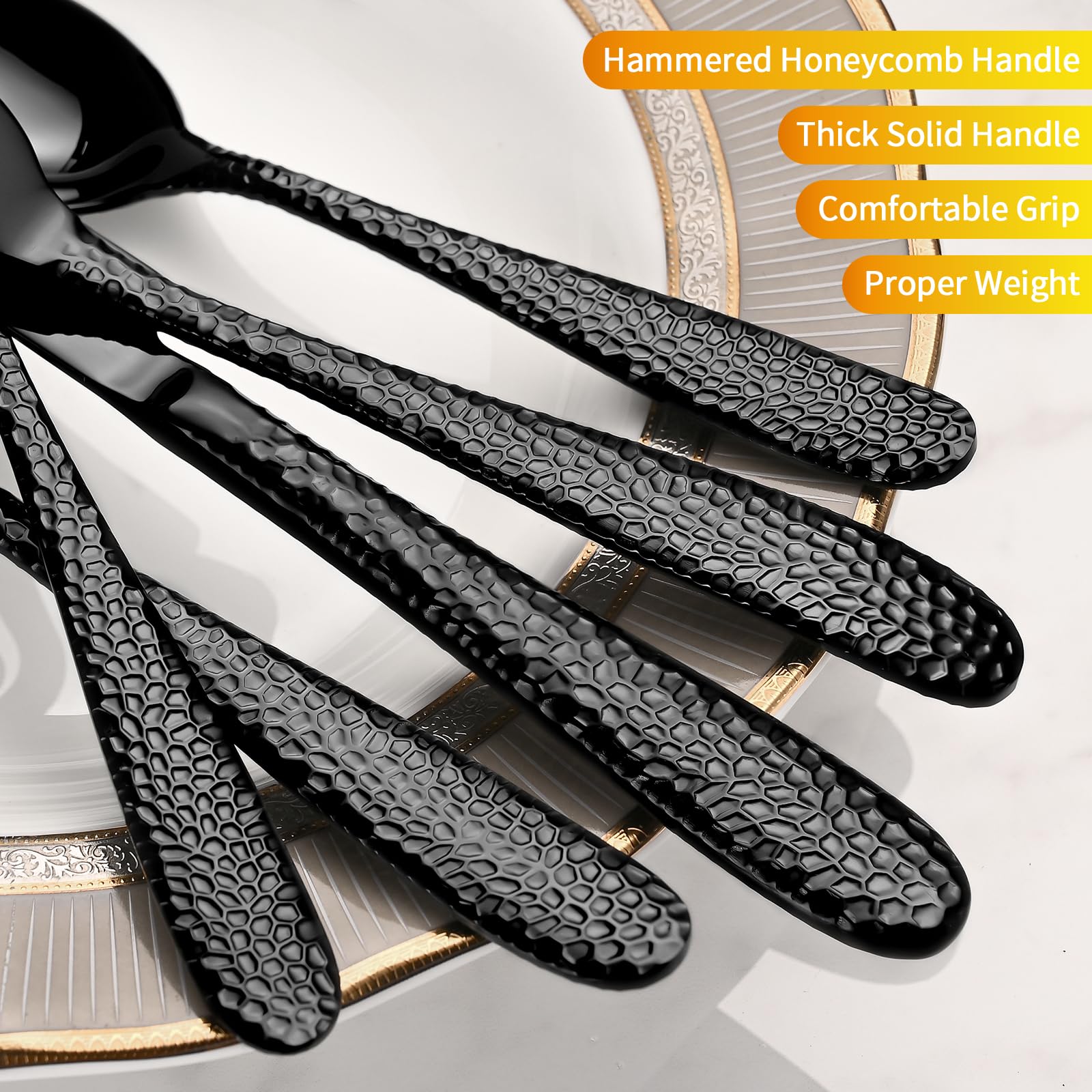 Black Hammered Silverware Set, 20-Piece Heavy Duty Stainless Steel Flatware Sets for 4, Food-Grade Cutlery Set for Home Restaurant, Mirror Polished, Dishwasher Safe — Amazon image 4