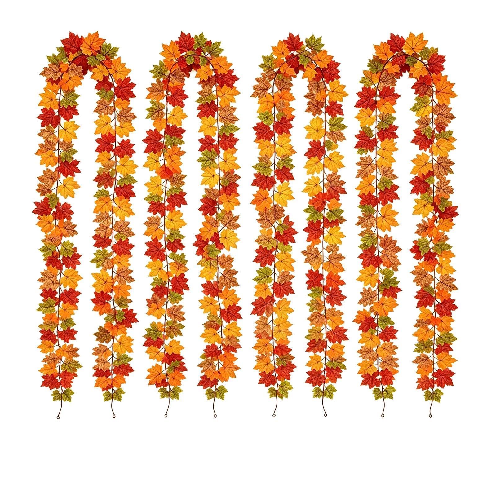 4 Packs 2m Autumn Decorations Autumn Garland Decor - 6 Ft Maple Leaf Garlands Table Decorations for Window, Escalator, Balcony, Fireplace, Dining Table (4 Packs 2m Garlands with hooks)