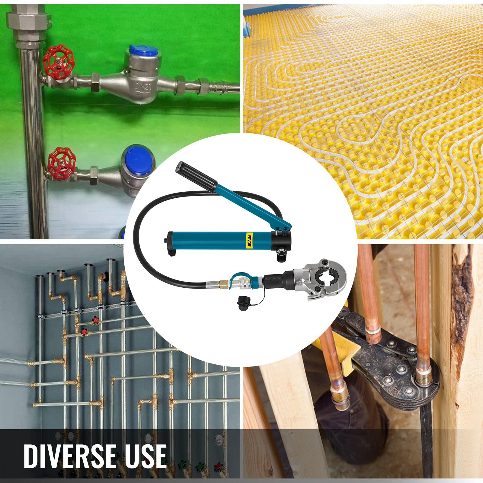 VEVOR Alicate Hidráulica con 9 Matrices Extraíbles, Giratorio 360 °, Separador con Fuerza de Presión 6 T, Crimpadora Apta para Racores en Forma de V/TH de 12-28 mm / 16-32 mm
