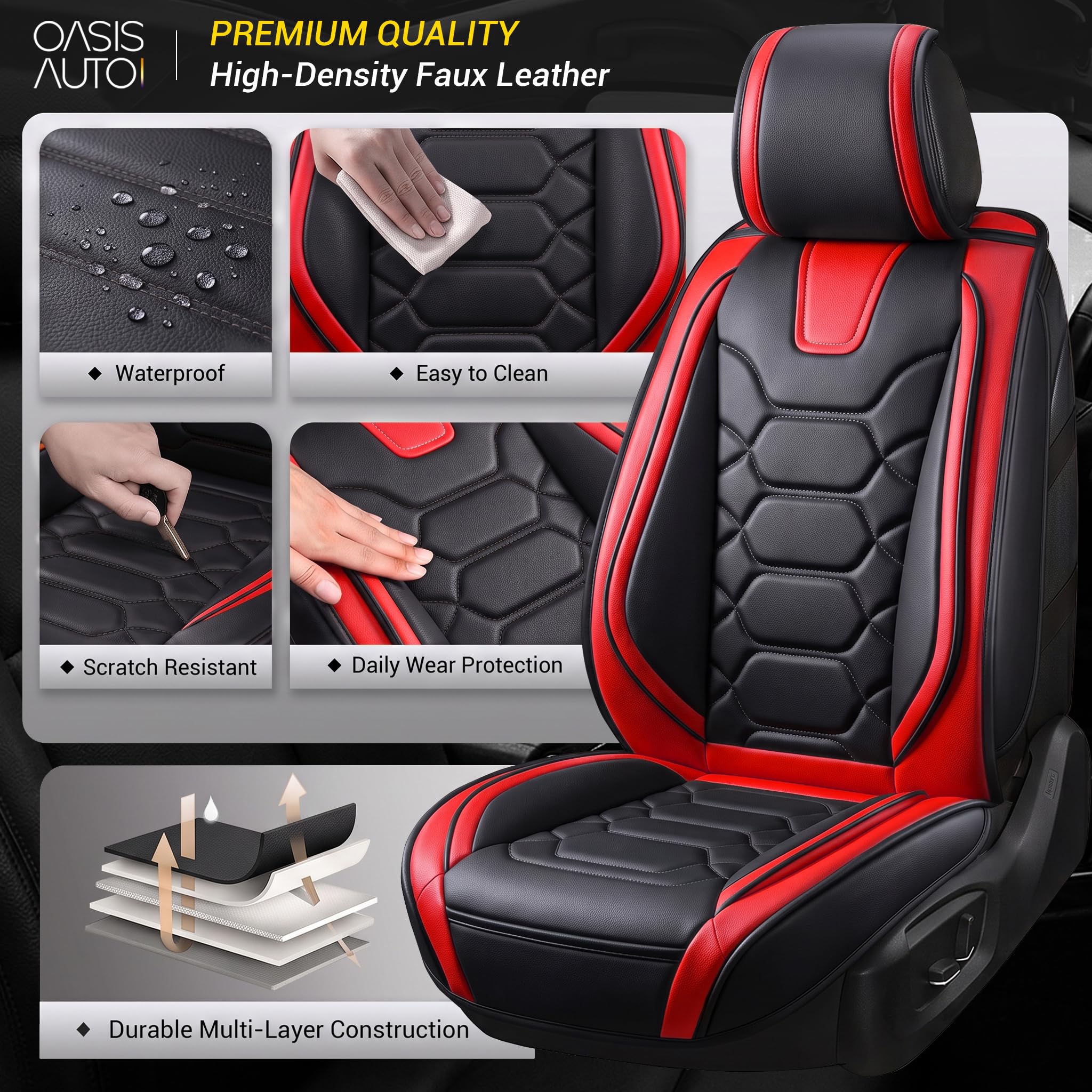 OASIS AUTO Car Seat Covers Full Set, Waterproof Faux Leather Seat Covers for Cars Universal Fit for SUV, Truck, Sedan, Black Premium Car Seat Protector with Front & Back Cushions — Amazon image 3