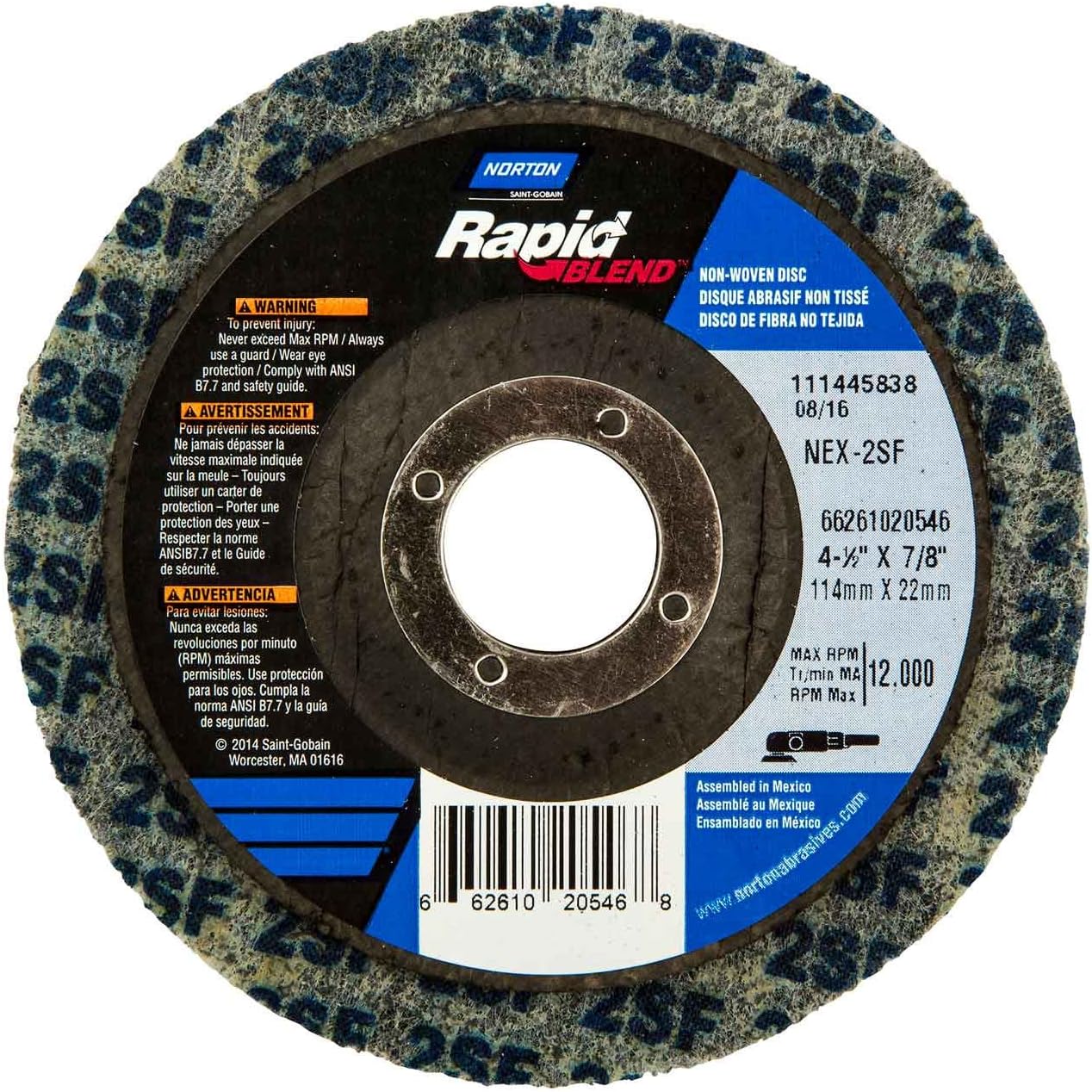 Norton 66261020546 4-1/2x7/8” Bear-Tex Rapid Blend NEX Silicon Carbide Non-Woven Depressed Center Discs, Fine Grit, 10 pack - - 