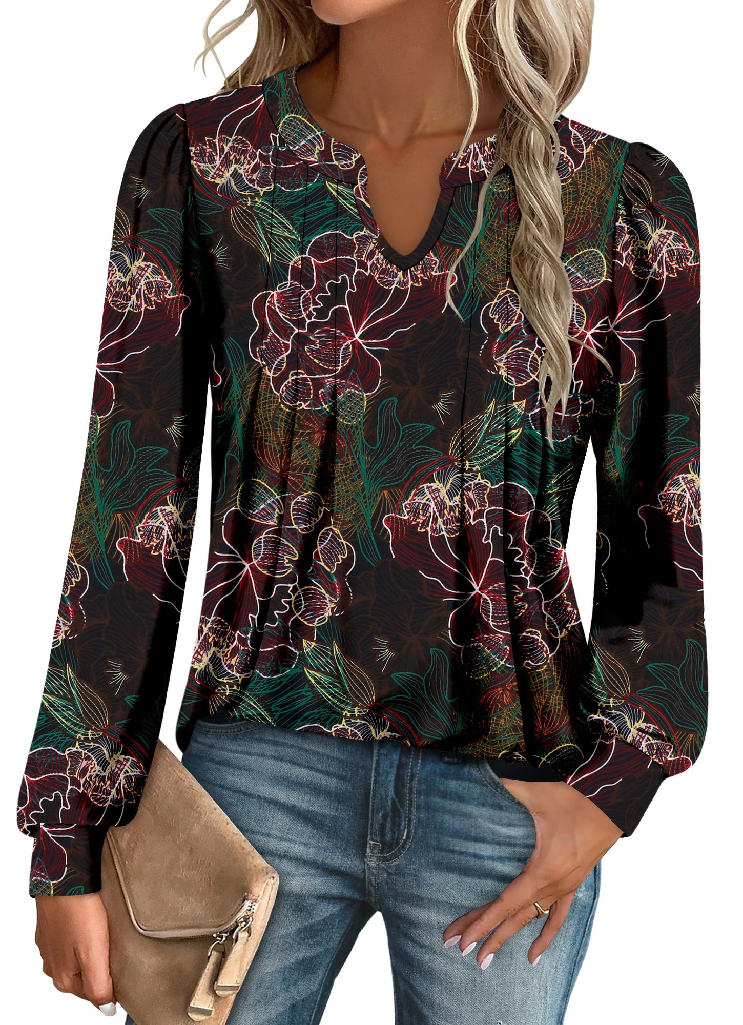 onlypuff Womens Long Sleeve T-Shirt V Neck Tunic Tops Pleated Blouse Shirts S-3XL