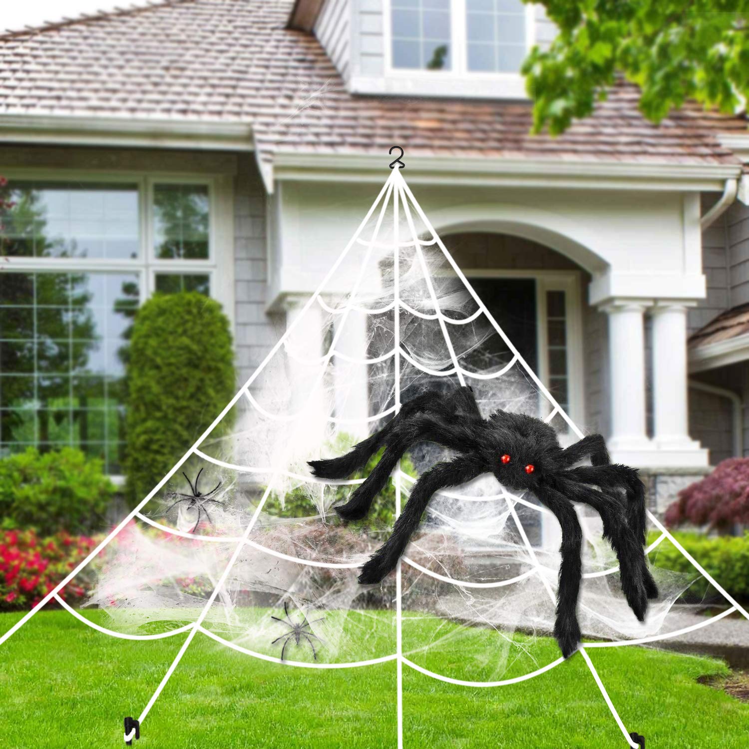 Halloween Decorations Spider Web Triangular Mega Outdoor Graveyard Decor Stretch Cobweb Set Scary Props Shooter with Black Spider