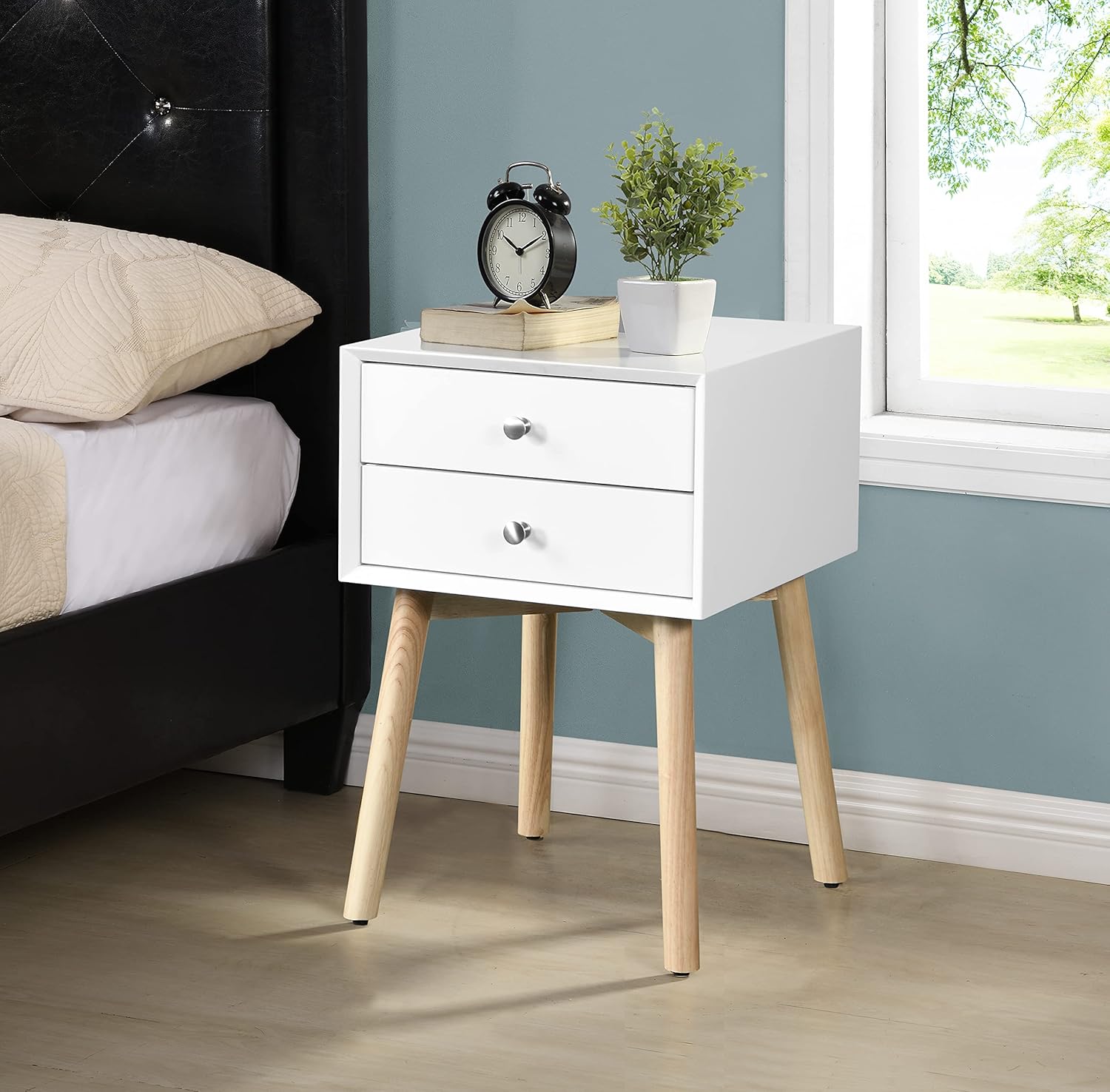 Side Table,Bedside Table with 2 Drawers and Rubber Wood