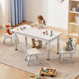 DOREROOM Height-Adjustable Toddler Table & 4 Chairs Set, 47.2x23.6 Graffiti Kids Activity Desk for Study, Play, Daycare, Home