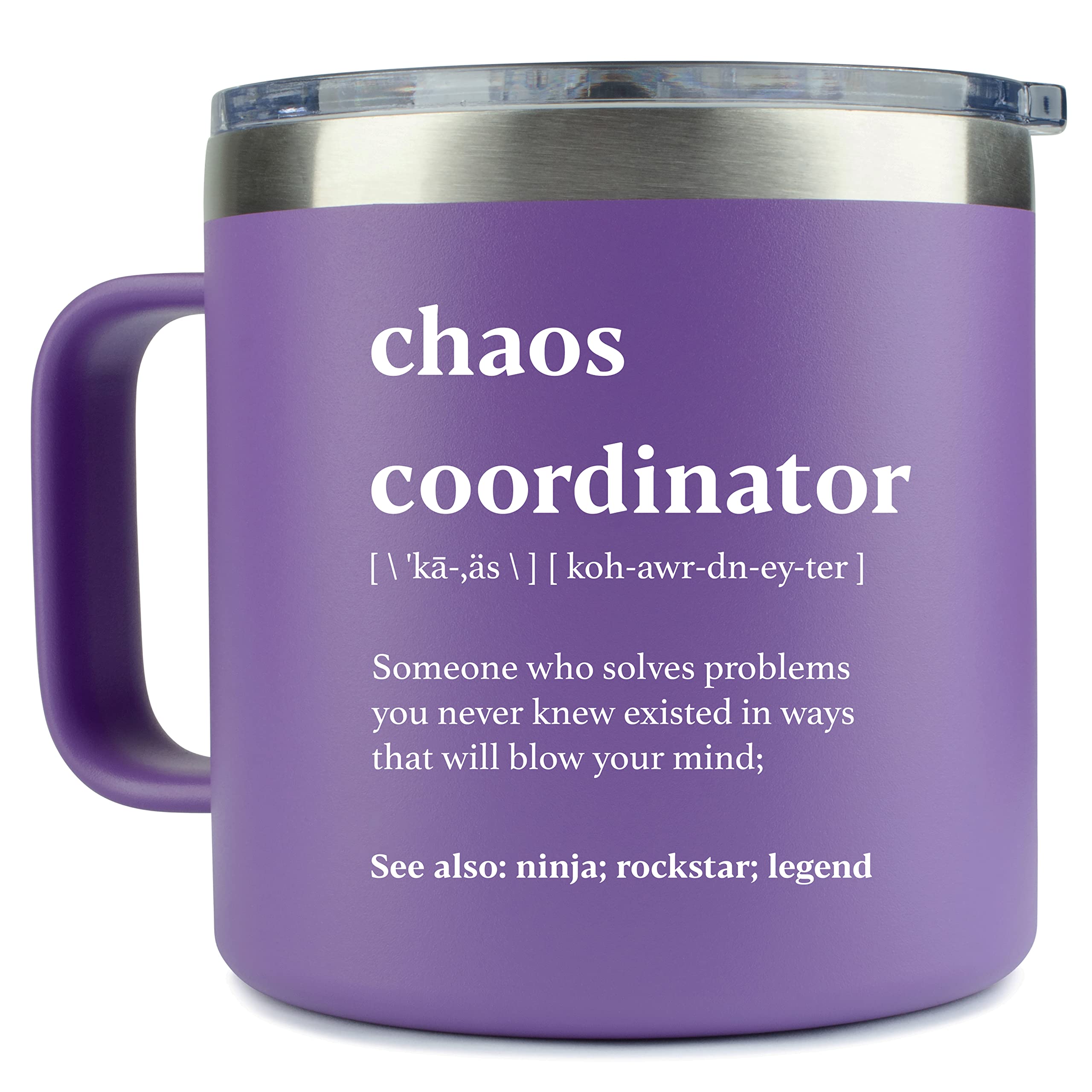 KLUBI Chaos Coordinator Gifts for Women - Teacher Appreciation Gifts, Nurses Week Promotion - 14oz Chaos Coordinator Tumbler Mug Purple Gift for Women, Coworker, for Her Nurse Manager Boss