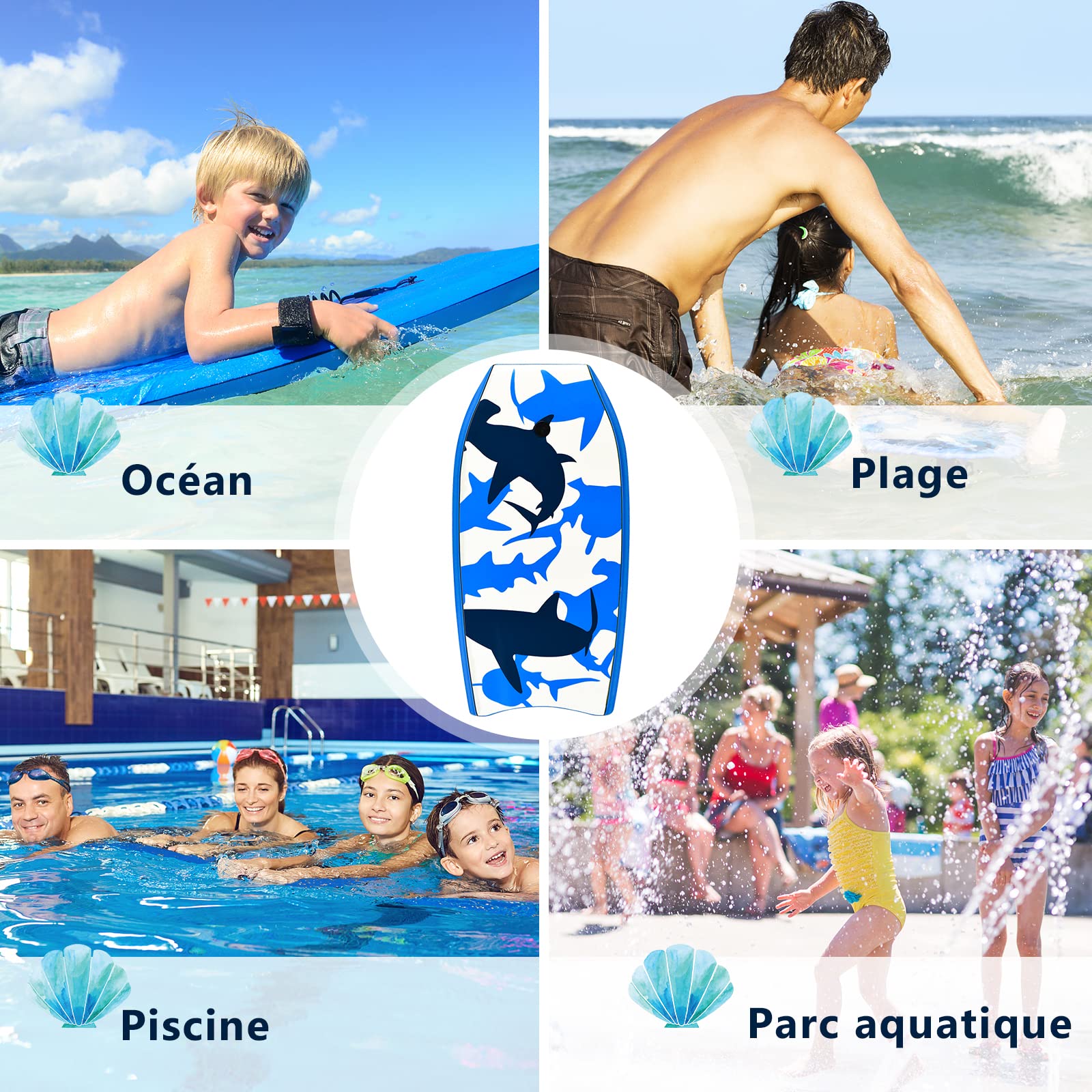 GYMAX 33''/37''/41'' Planche de Bodyboard, avec Sangle de Cheville Réglable, Fond Lisse, Queue en Forme de Croissant, Conception Upwarp, Planche de Surf pour Enfants et Adultes