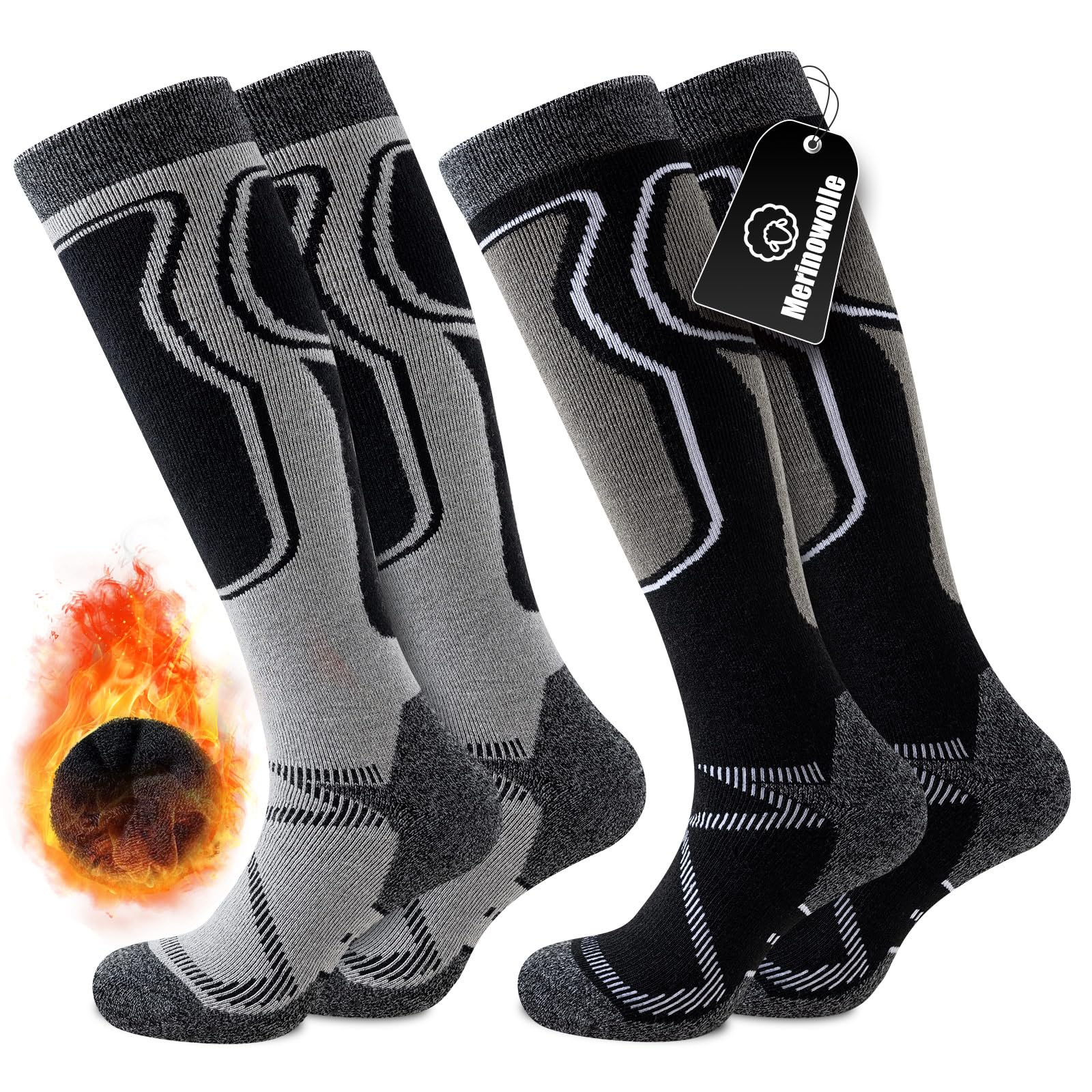 Effeet 2 Paia Calze da Sci in Lana Merino per Uomo Donna, Calze Termiche Calde e Morbide per Inverno, Calzini Lunghe con Imbottitura per Snowboard, Sci, Caccia e Escursioni