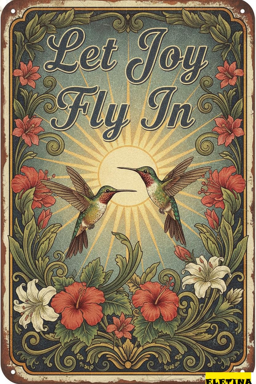 Let Joy Fly In Hummingbird Tin Sign, 8x12 Inch Decor