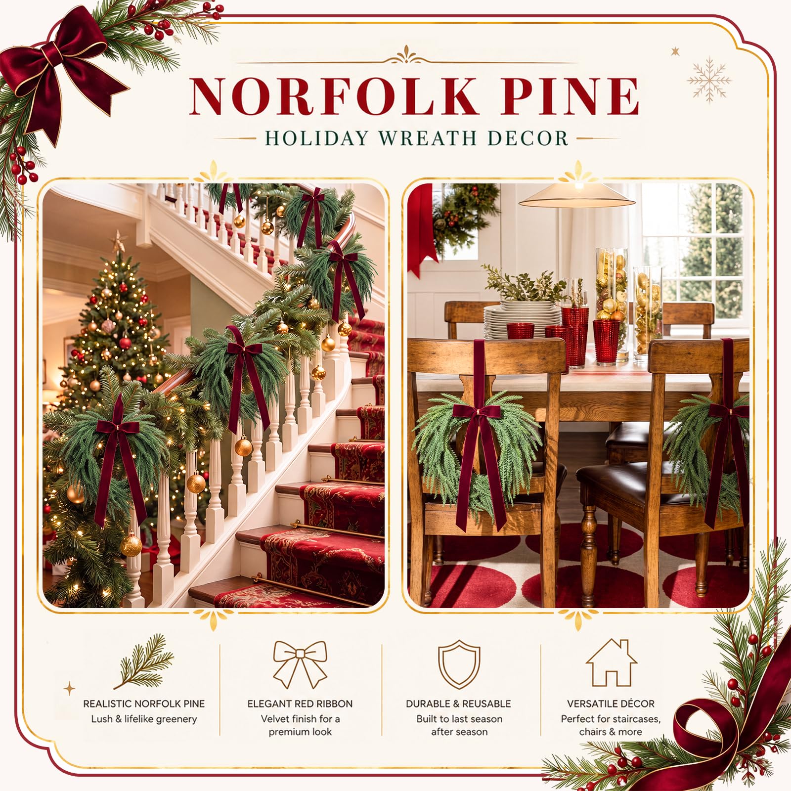 Dingion Lot de 4 petites couronnes de Noël en pin Norfolk avec baies rouges | Pommes de pin, décoration de vacances à suspendre pour armoires de cuisine, fenêtres, mur, décoration d'arbre de Noël