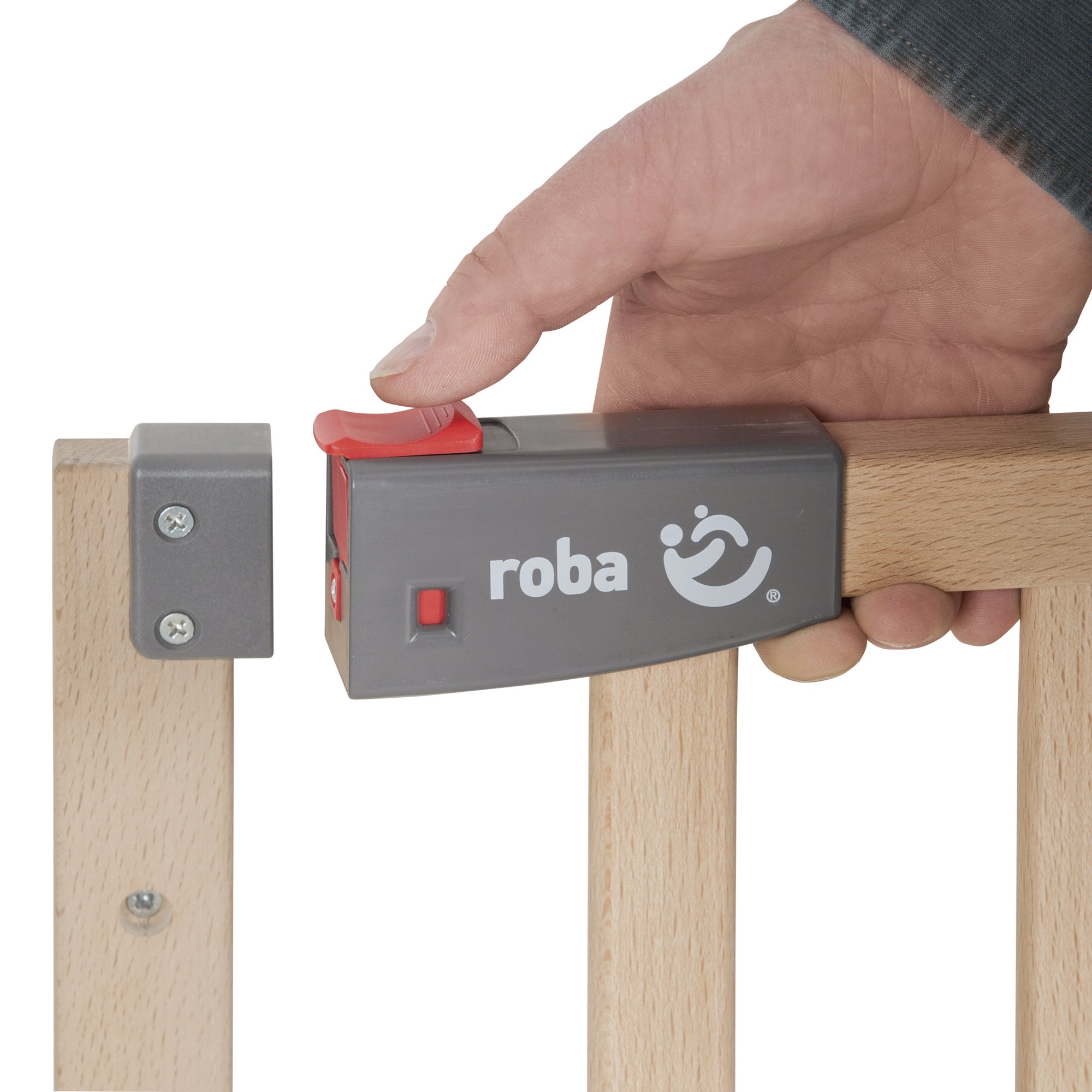 roba Zabezpieczenie drzwiowe Safety Up - Regulowana szerokość 70-118,5 cm - Zabezpieczenie drzwiowe z funkcją sygnalizacji świetlnej do drzwi/schodów - Lite drewno bukowe