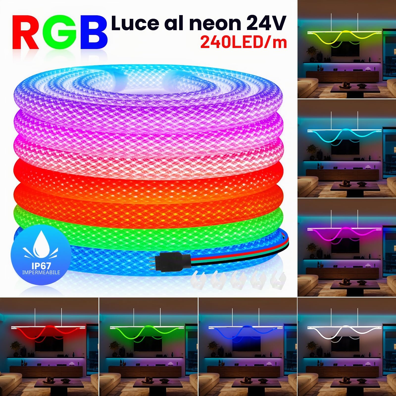 Striscia Neon LED RGB 24V CRI90+[10M],SMD3535,240 LED/m,illuminazione 360° tubo LED rotondo,per decorazione di camere da letto,stanze da gioco,soggiorno e negozi - Alimentatore non incluso