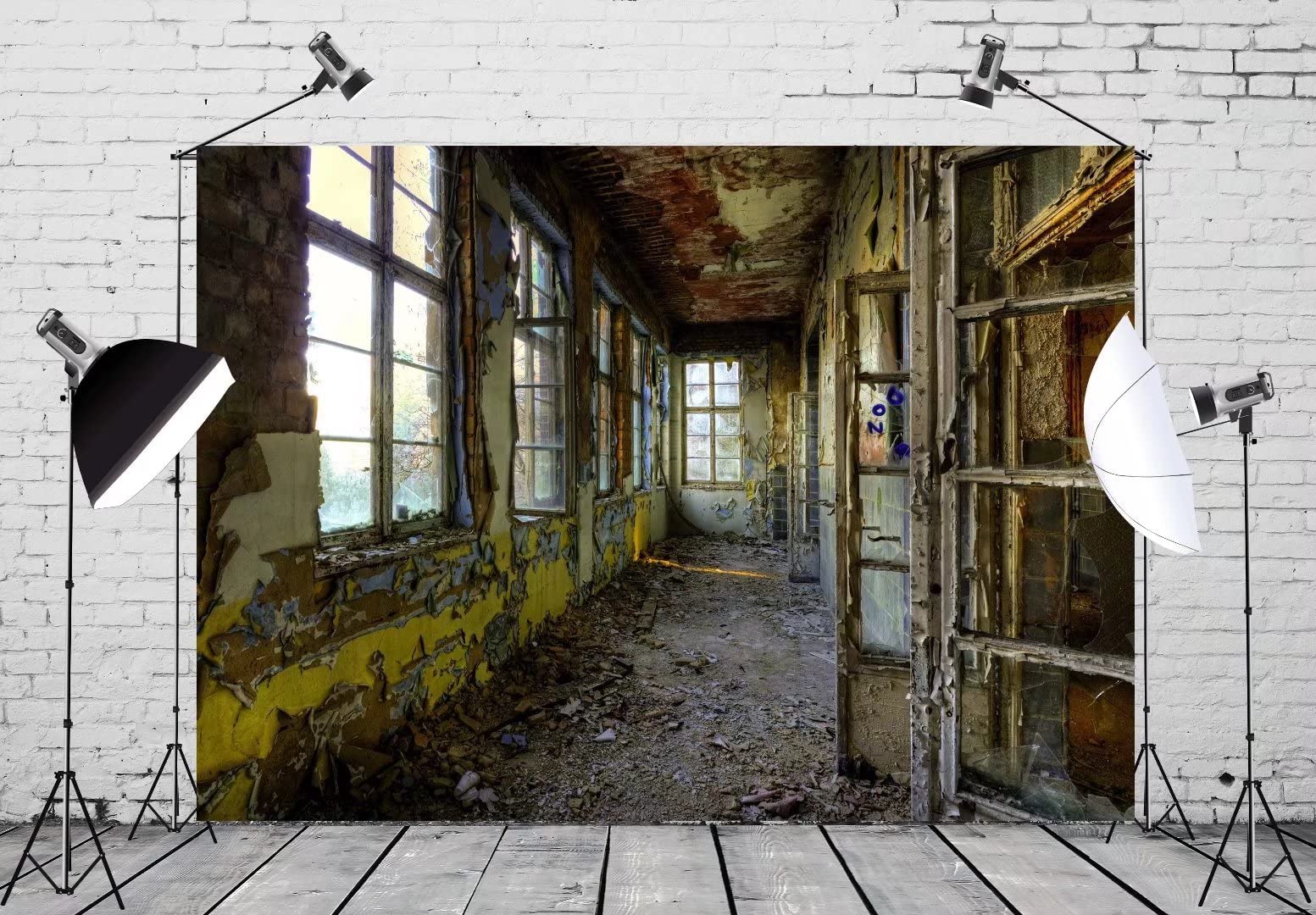 BELECO 15x8ft Fabric Abandoned Empty House Backdrop Creepy Scene Haunted House With Window View Gloomy Building Interior Background Horror Halloween Themed Party Decorations Studio Photo Props