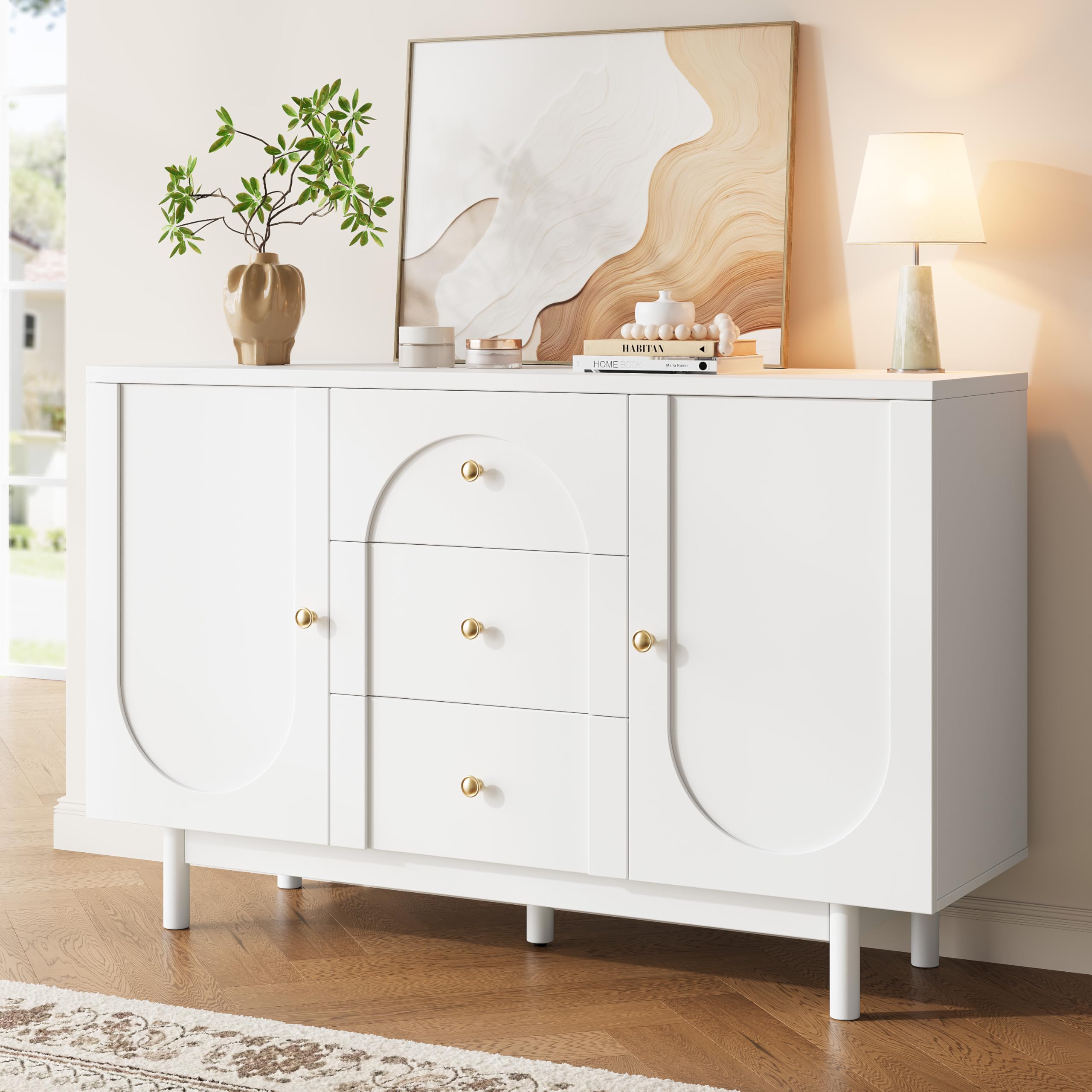 oneinmil Sideboard, Wooden Sideboard Cabinet with Adjustable Shelf, 3 Drawers and 2 Doors, Modern Cabinet for Living Room, Hallway, Kitchen, White