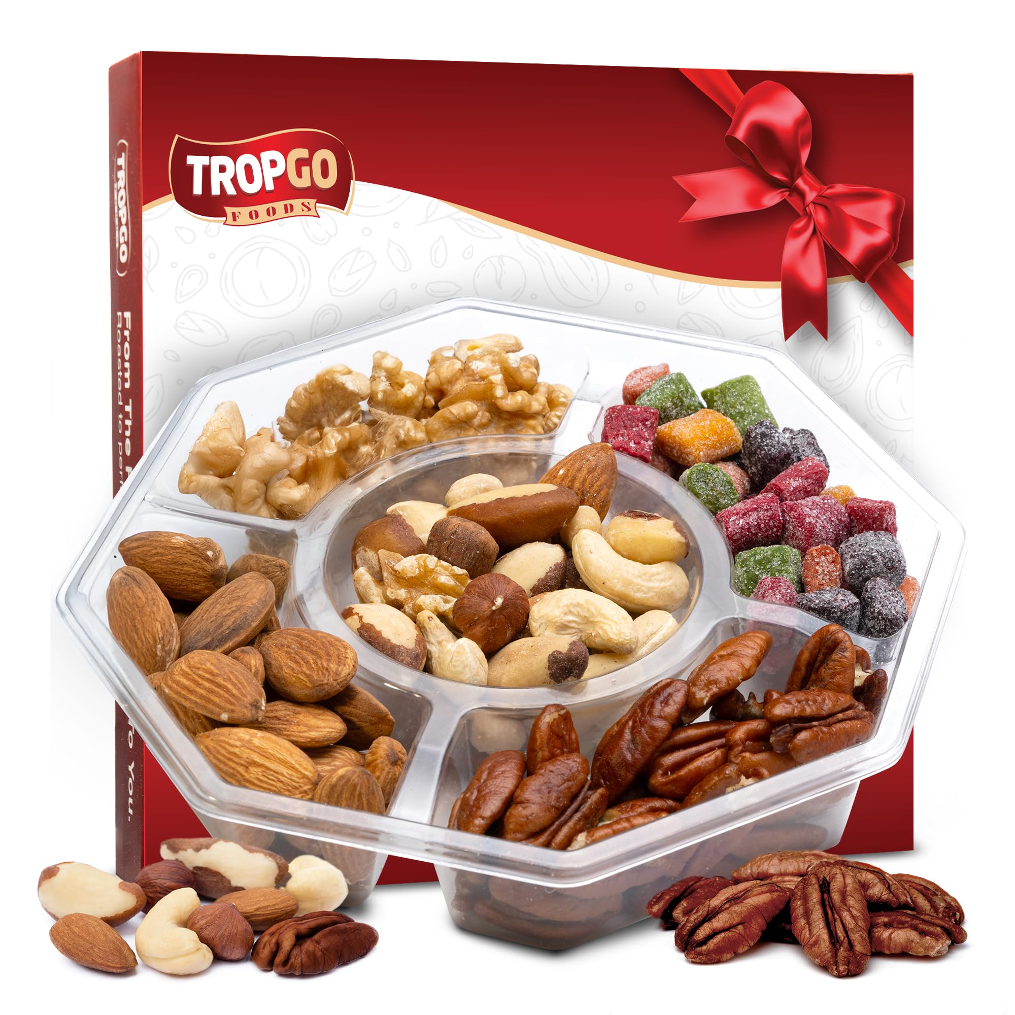 Tropgo 5 Sections Mixed Nuts Gift Set – Valentine Treat Gift with Almonds, Walnuts, Cashews, Raw Pecans & Sweet Mini Mango Cubes – Mixed Nuts Snacks for Valentine’s Day