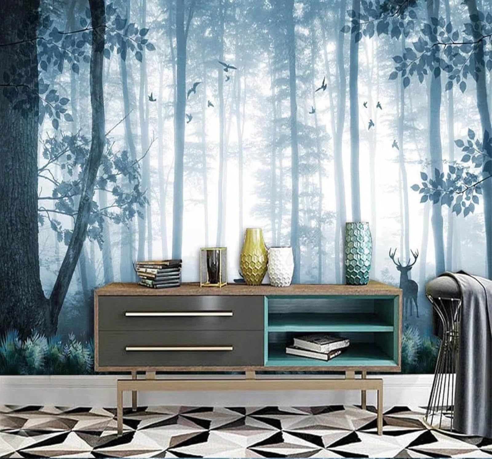XLMING Hand Painted Blue Moose Forest Landscape 3D Wallpaper Luxury Home Dining Decor Paste Sofa Living Room The Wall for Bedroom Mural-250cm×170cm