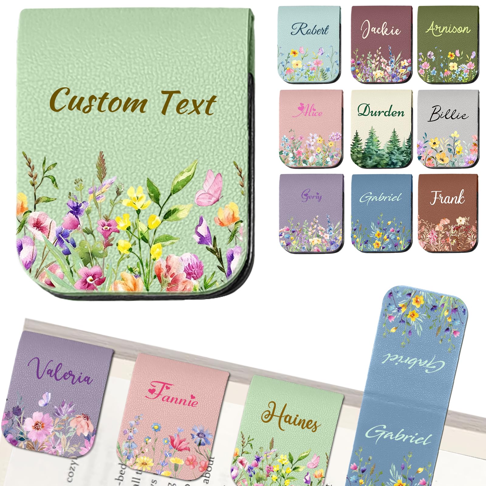 Personalised Leather Magnetic Bookmark with Name Custom Book Marks Clip Customised Gifts for Reading Women Book Lovers Reader-Flower