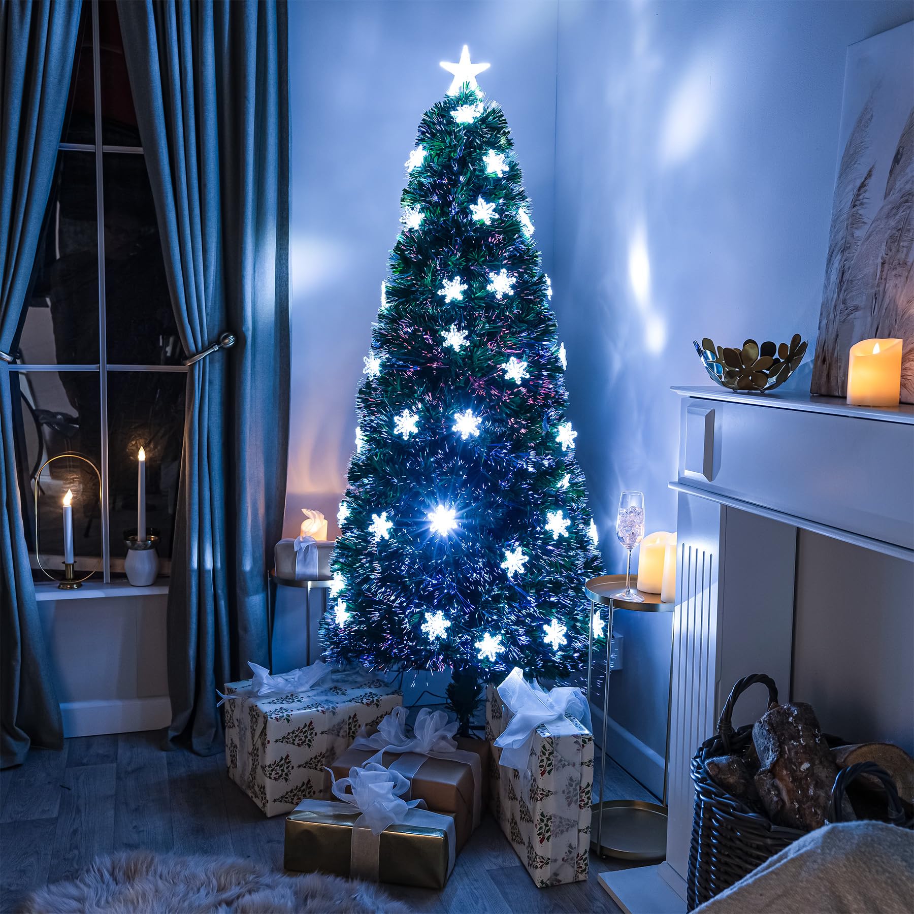 6ft Green Fibre Optic Christmas Tree with LED Snowflakes