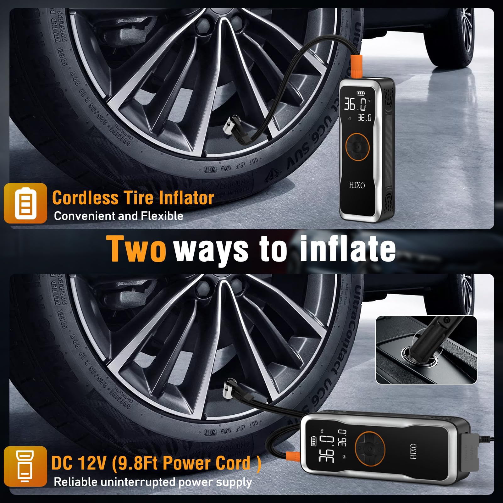 Compresor de aire portátil inflador de neumáticos, bomba de aire inalámbrica para neumáticos de coche con batería de 20000 mAh y 12 V CC, inflador rápido de neumáticos de 150 PSI con manómetro digital