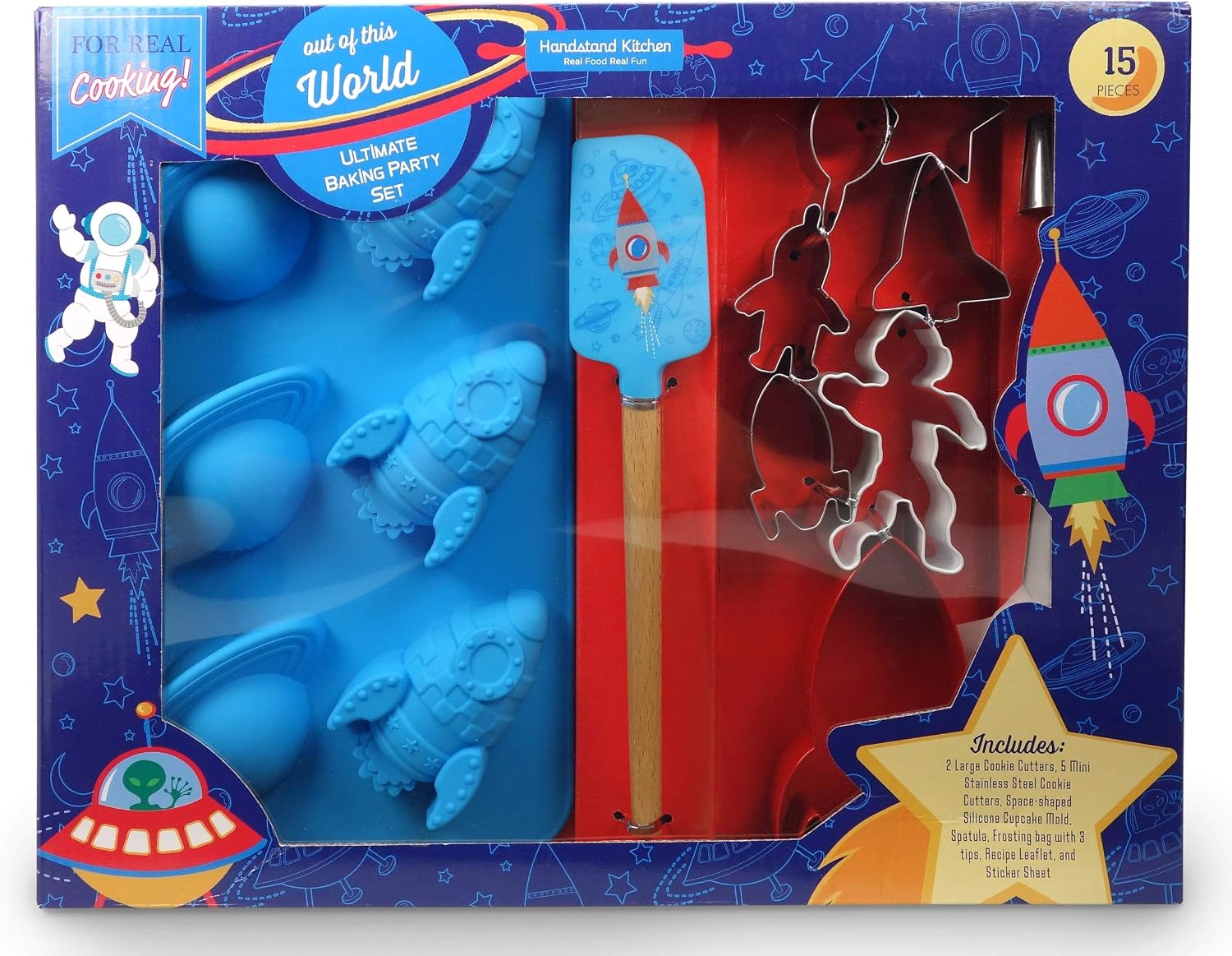 Handstand Kitchen Ultimate Boys Baking Set - 15 Piece Dinosaur Party | Dishwasher Safe, Family Activity, Sturdy for Everyday Use, Dino Shaped Cupcake Mold, Fun Cutters, Spatula, Icing Bag & More