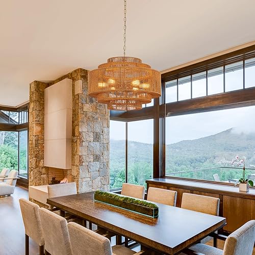 Miniatura 7 de Candelabro de ratán tejido a mano, grande, bohemio, para sala de estar, 25.6 pulgadas, 6 luces, estilo rústico, vintage, de mimbre, bambú, para