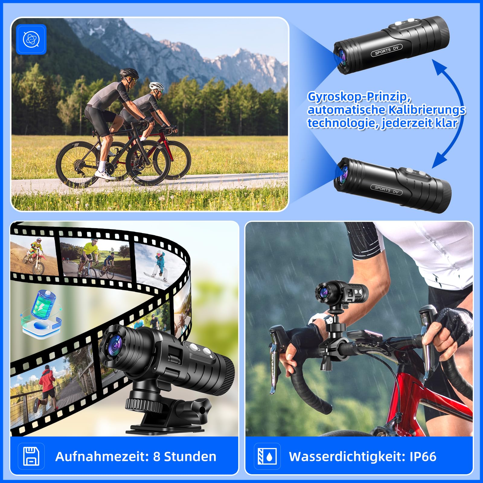 AIKER Dash cam Moto Professionale,Versione Aggiornata WiFi Action Cam IP66 Impermeabile,1080PHD&Angolo Ampio Di 120°Telecamera Moto,Regolazione Automatica Del Livello Dashcam Moto,Facile Da Collegare