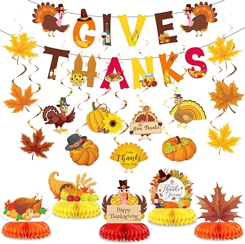 Blosssound 29 piezas de decoraciones de fiesta de Acción de Gracias  Centros de mesa de nido de abeja de hoja de arce de pavo y calabaza, pancartas