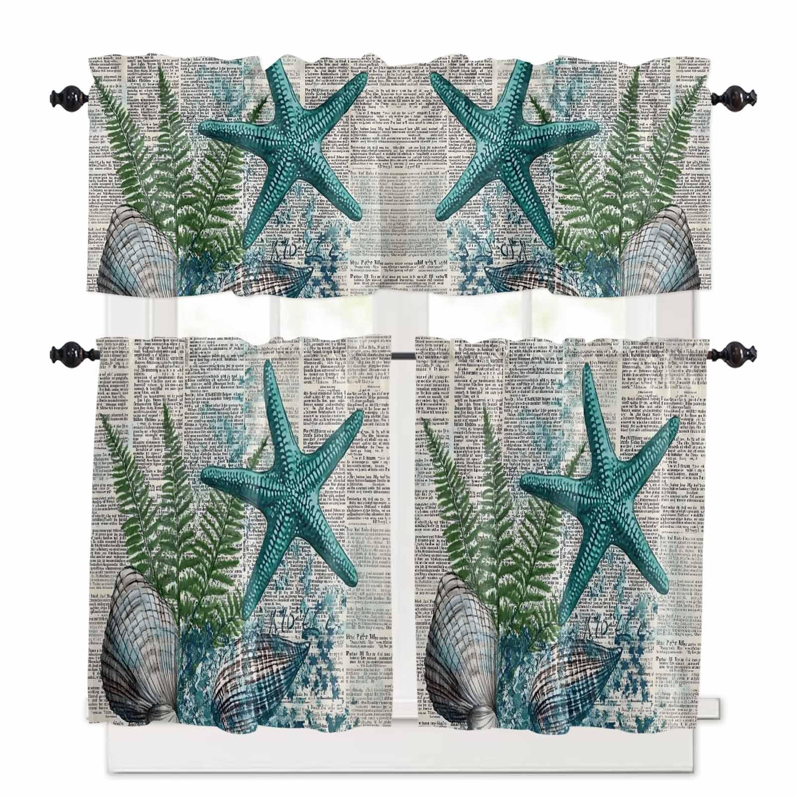 Coastal Beach Kitchen Curtains 36 Inch Length, 3 Piece Rod Pocket Small Half Tiers and Valance Set, Vintage Ocean Starfish Conch Pine Leaf Small Large Window Treatment Decor for Bedroom/Bathroom Sink