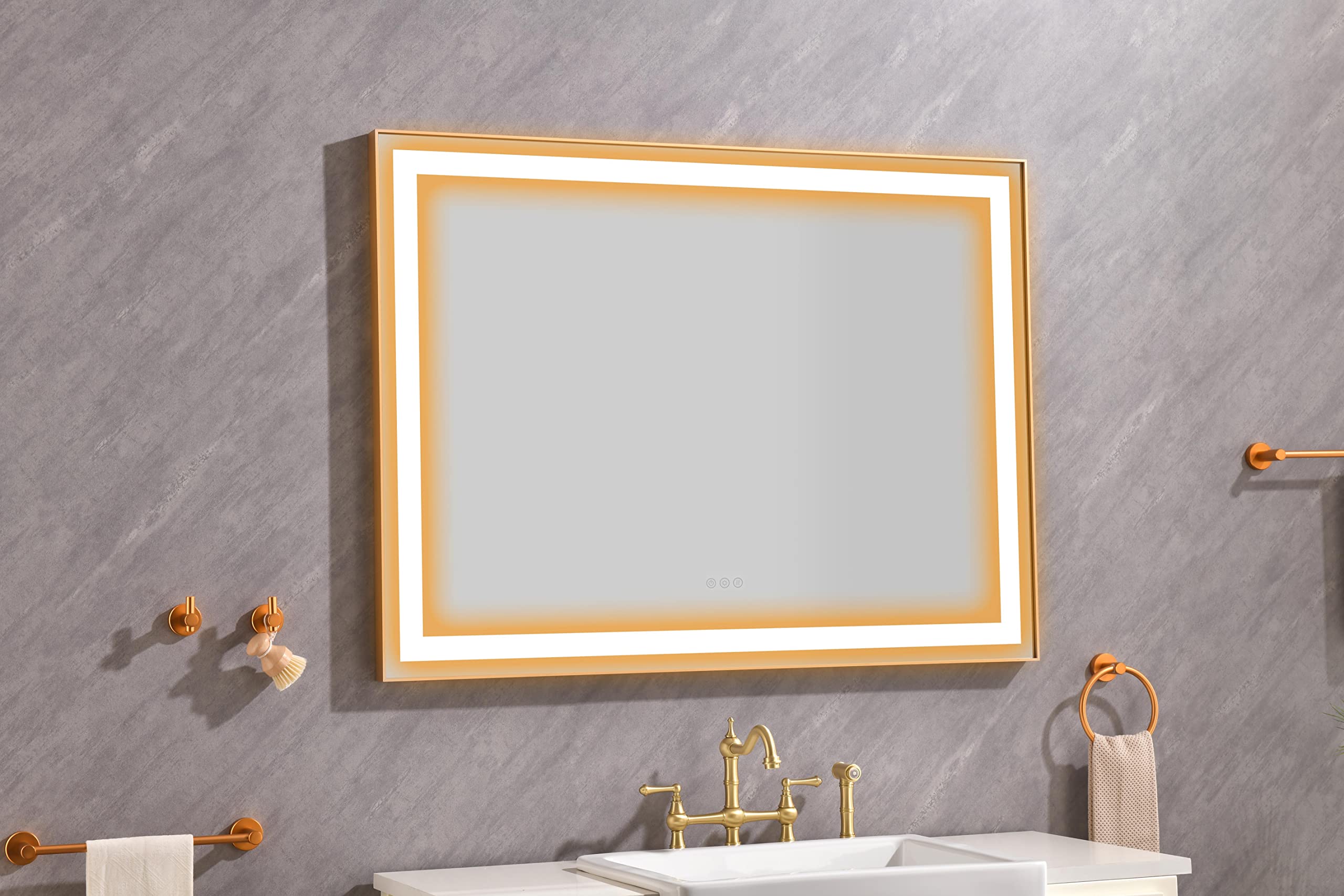 HXUHUWS LED Lighted Bathroom Wall-Mounted Mirror for Enhanced Grooming, Anti-Fog Technology, Gold Finish, 48 x 36 Inches