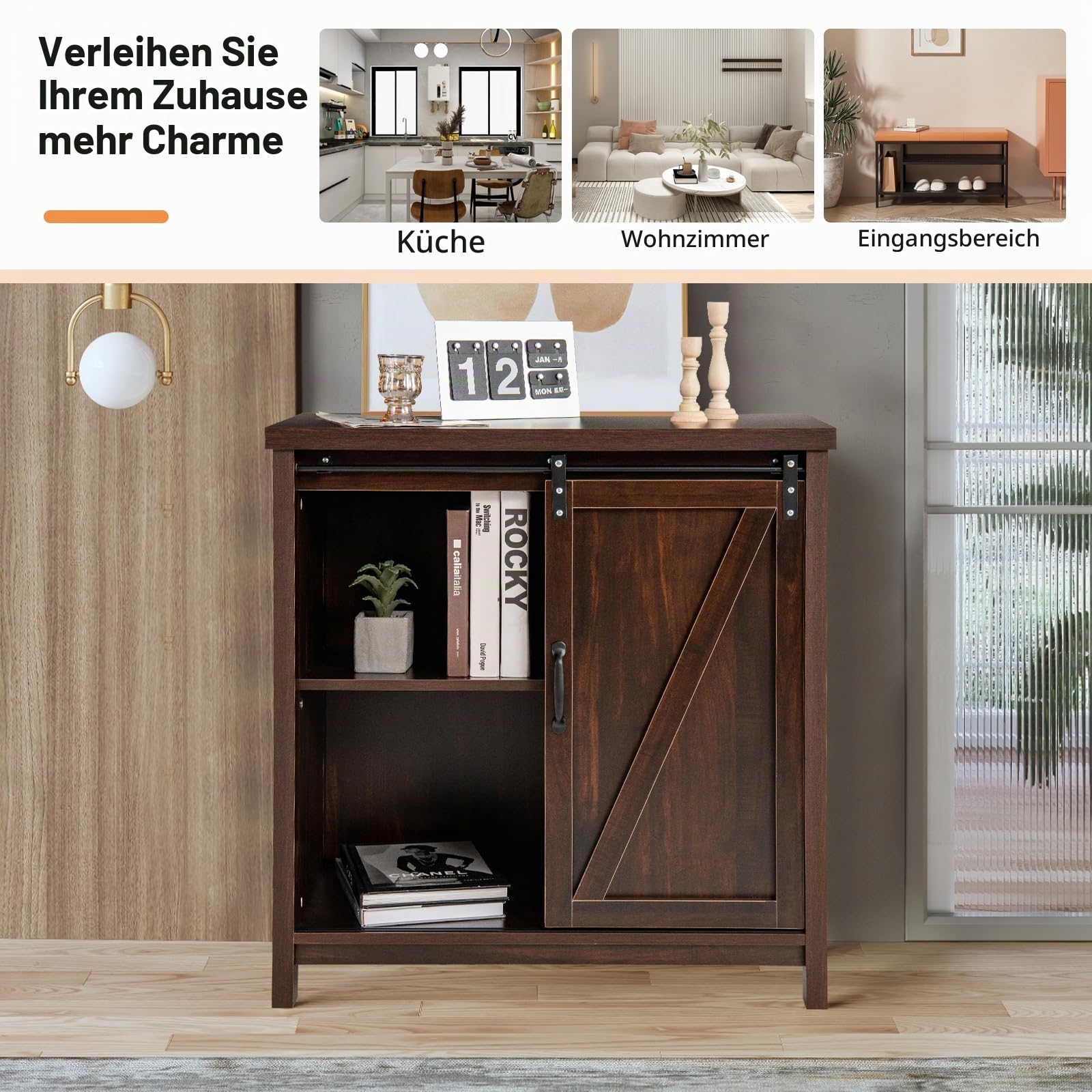 KOMFOTTEU Buffetschrank mit 4 Fächern, moderner Küchenschrank mit Schiebetüren, Küchekommode industriell, Anrichteschrank für Wohnzimmer Flur, 80 x 40 x 82cm, Braun