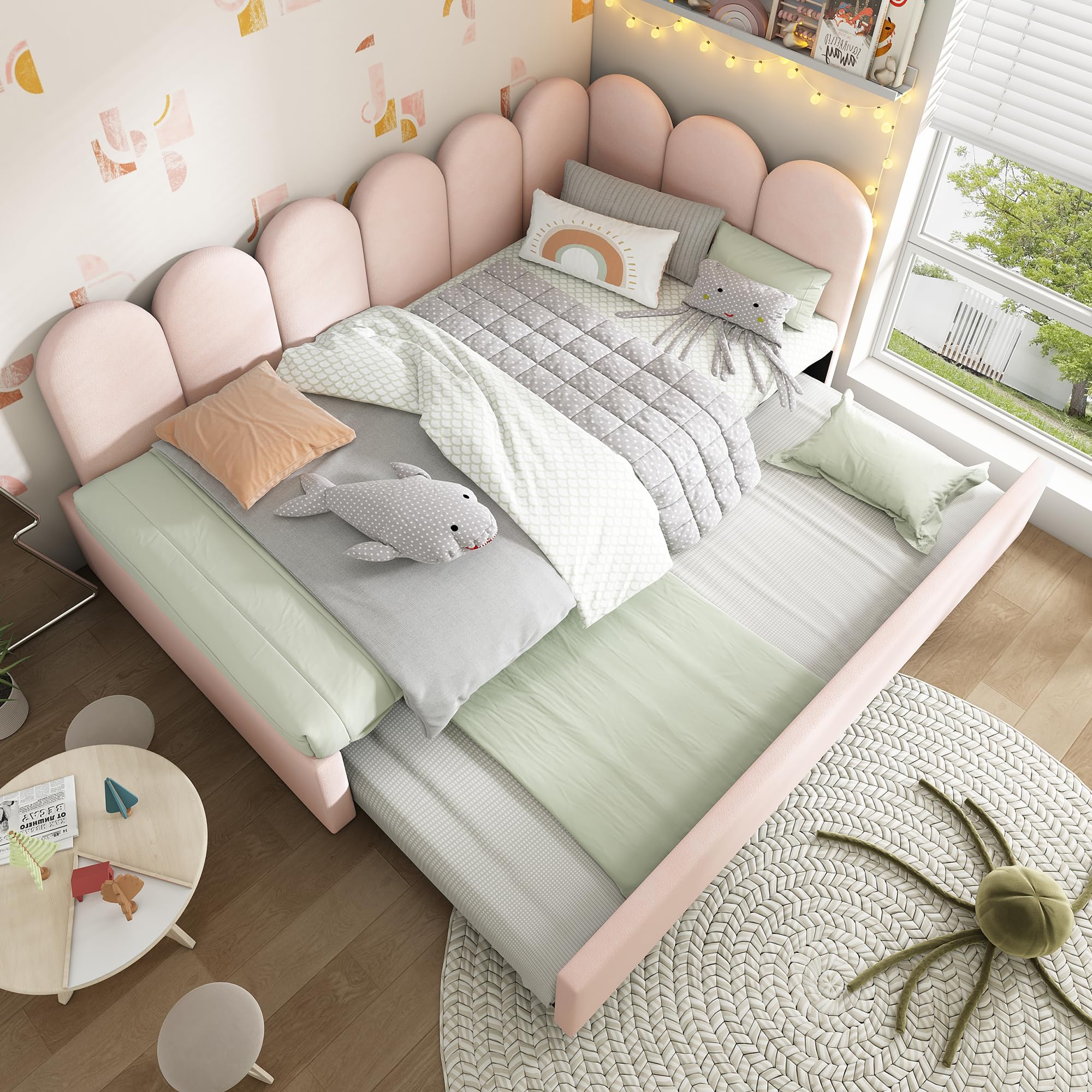 Letto imbottito, 90 x 200 cm, divano letto con letto estraibile, 90 x 190 cm, letto per bambini con rete a doghe, velluto, rosa, senza materasso