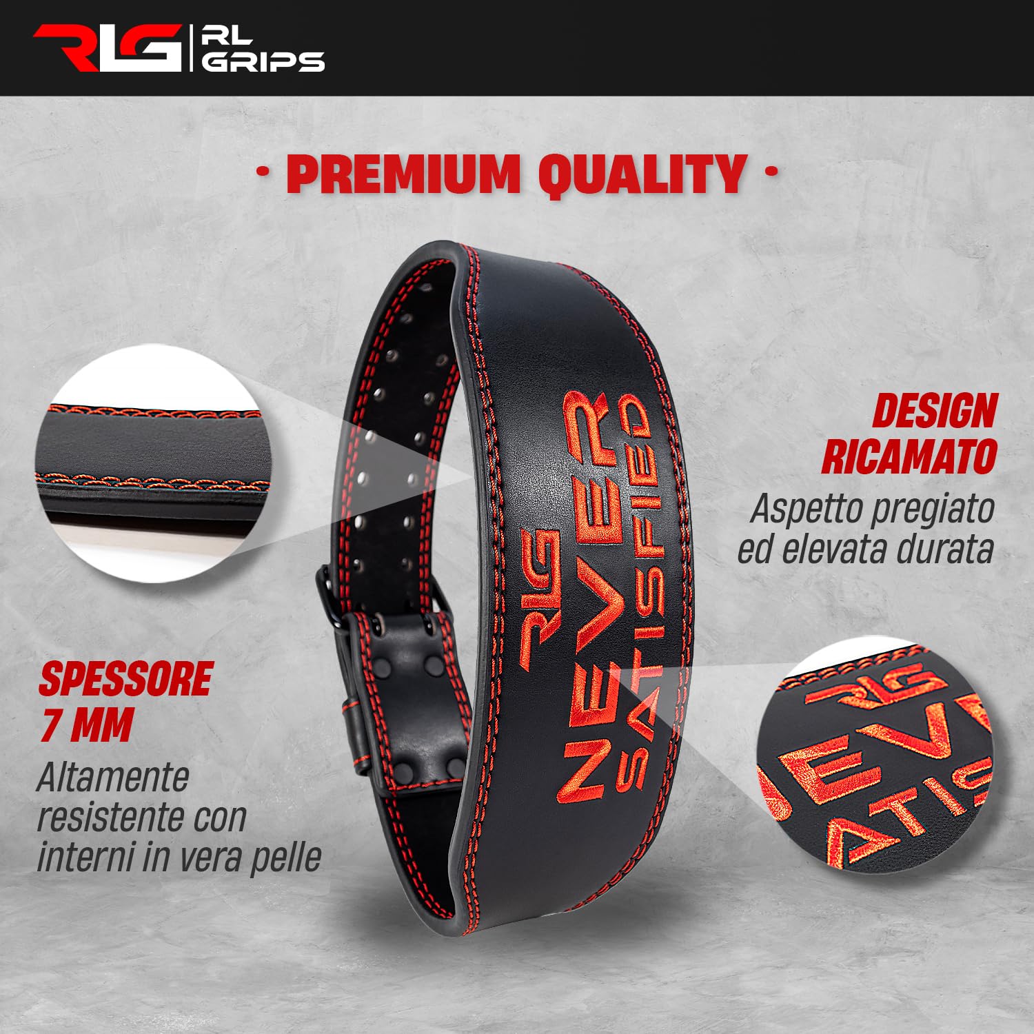 RL Grips - Cintura da Palestra in Pelle per Sollevamento Pesi - Supporto Lombare Bodybuilding Uomo Donna - Cintura Powerlifting Sollevamento Fitness