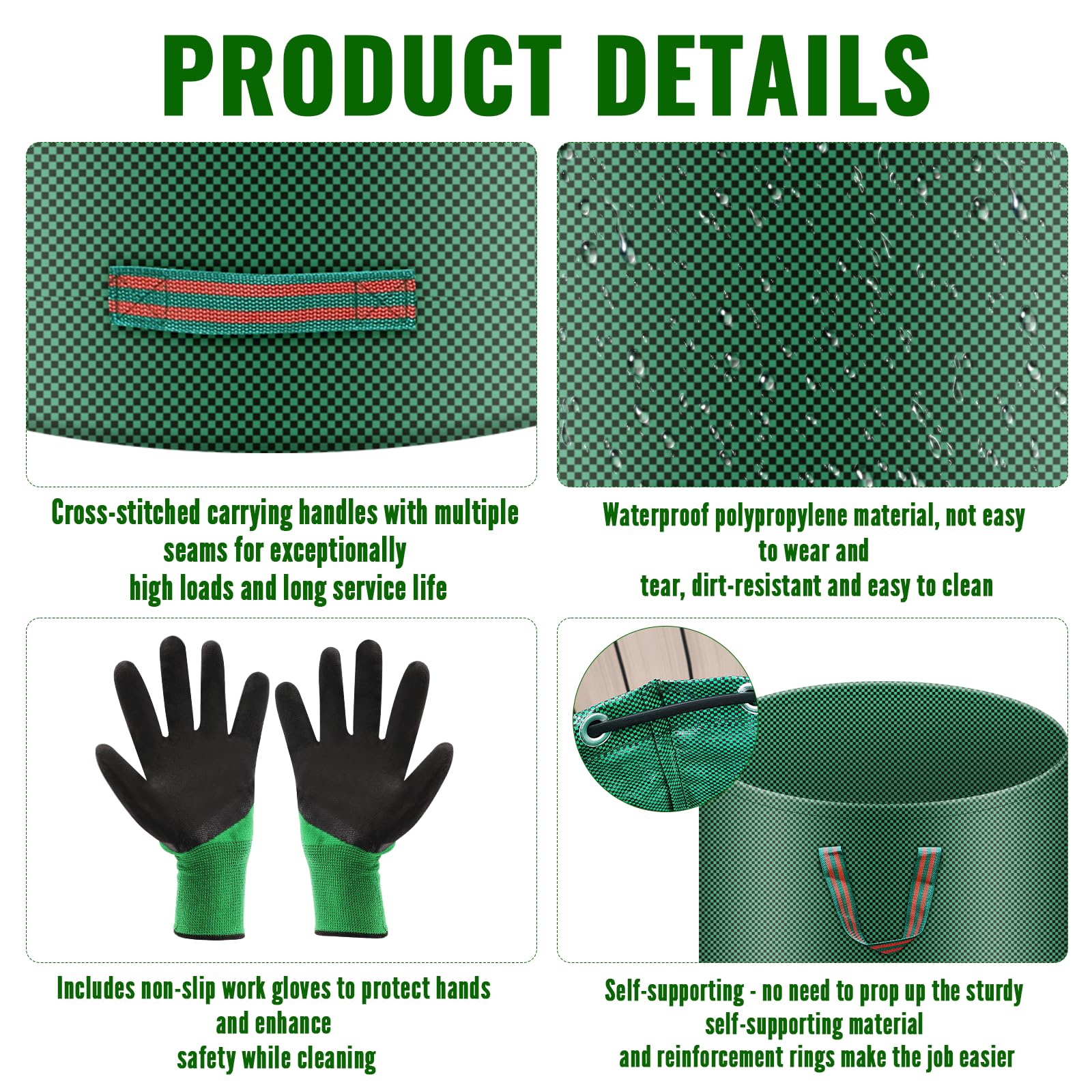 Tapvai 3X 272L Sacs de Jardin Indéchirables, Gants Inclus, Sac Jardinage Déchets, Autoportant, Big Bag Avec Poignées, Étanche, Pliable Et Réutilisable, Sac Végétaux Jardin