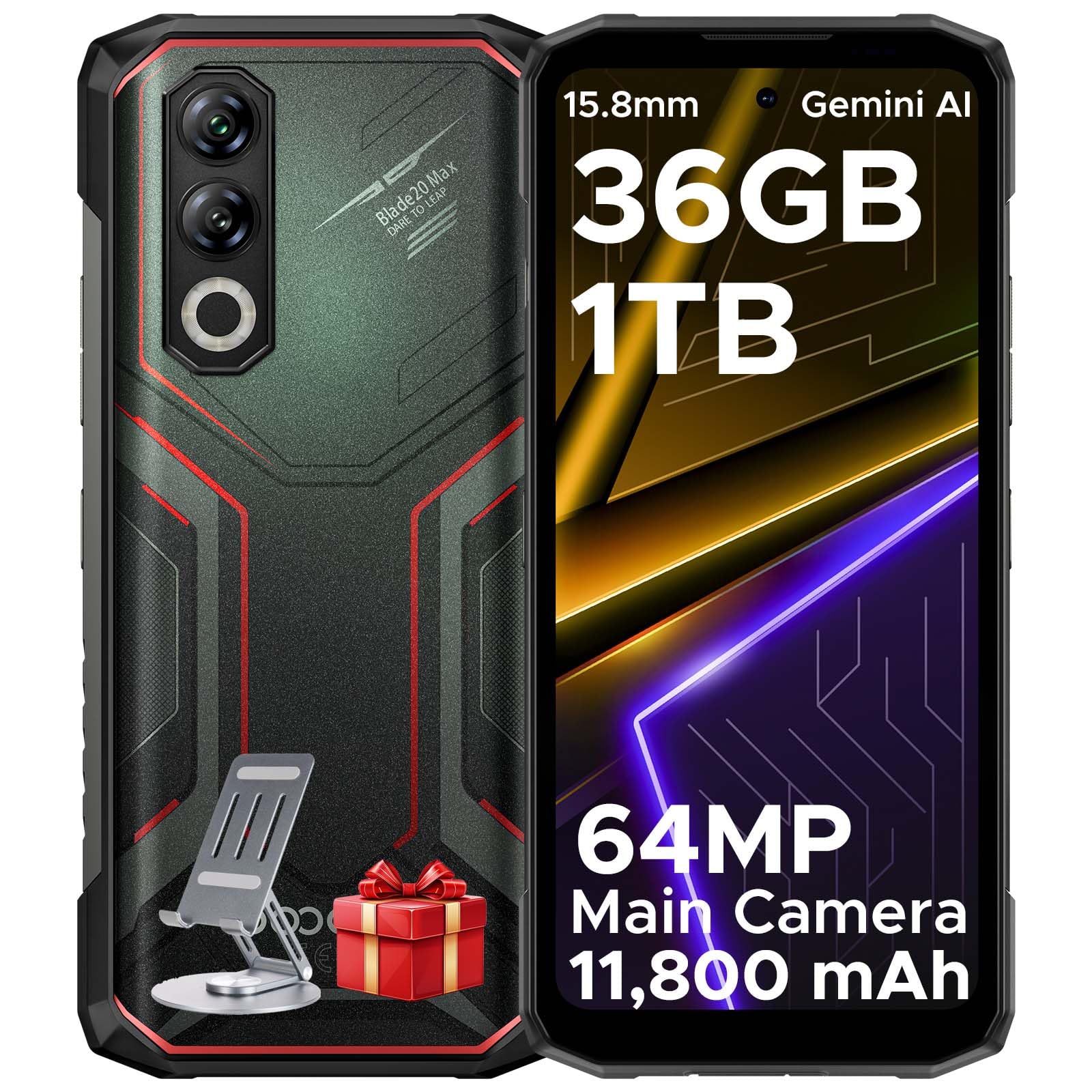 DOOGEE Blade 20 Max Rugged Smartphone, 36GB RAM+1TB ROM(2TB TF) Telefono Indistruttibile, 11800mAh/33W, MTK Helio G100 Octa Core, 6.6" 120Hz, 64MP+20MP+16MP, Android 15/NFC/4G Dual SIM/Face ID