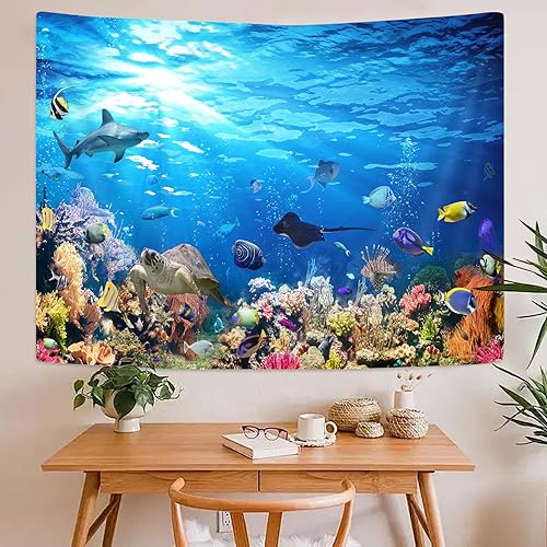 Miniatura 3 de Emwnodti Tapiz de mundo de olas oceánicas azules, tapiz para colgar en la pared, vida marina y arrecife de coral para la educación de los niños,