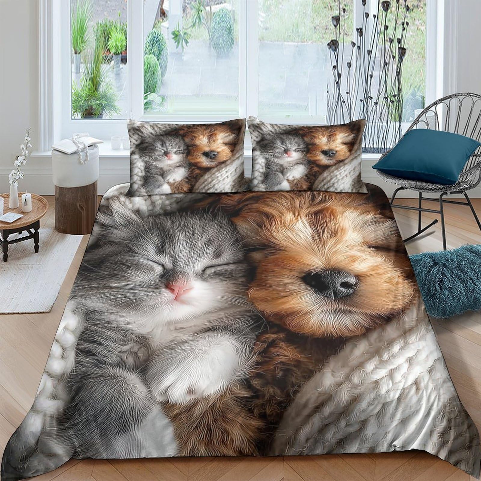 GPLZQXKJNH 3D Printed Cat Puppy Duvet Cover Microfiber Soft Breathable Animal Friends Bedding Set with 2 Pillowcases for Bedroom Decor Single（135x200cm）