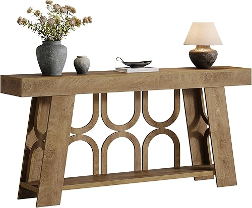 Miniatura 9 de Tribesigns Mesa consola de 63 pulgadas con patas arqueadas, mesa de entrada de granja grande de 2 niveles para pasillo, sala de estar o dormitorio,