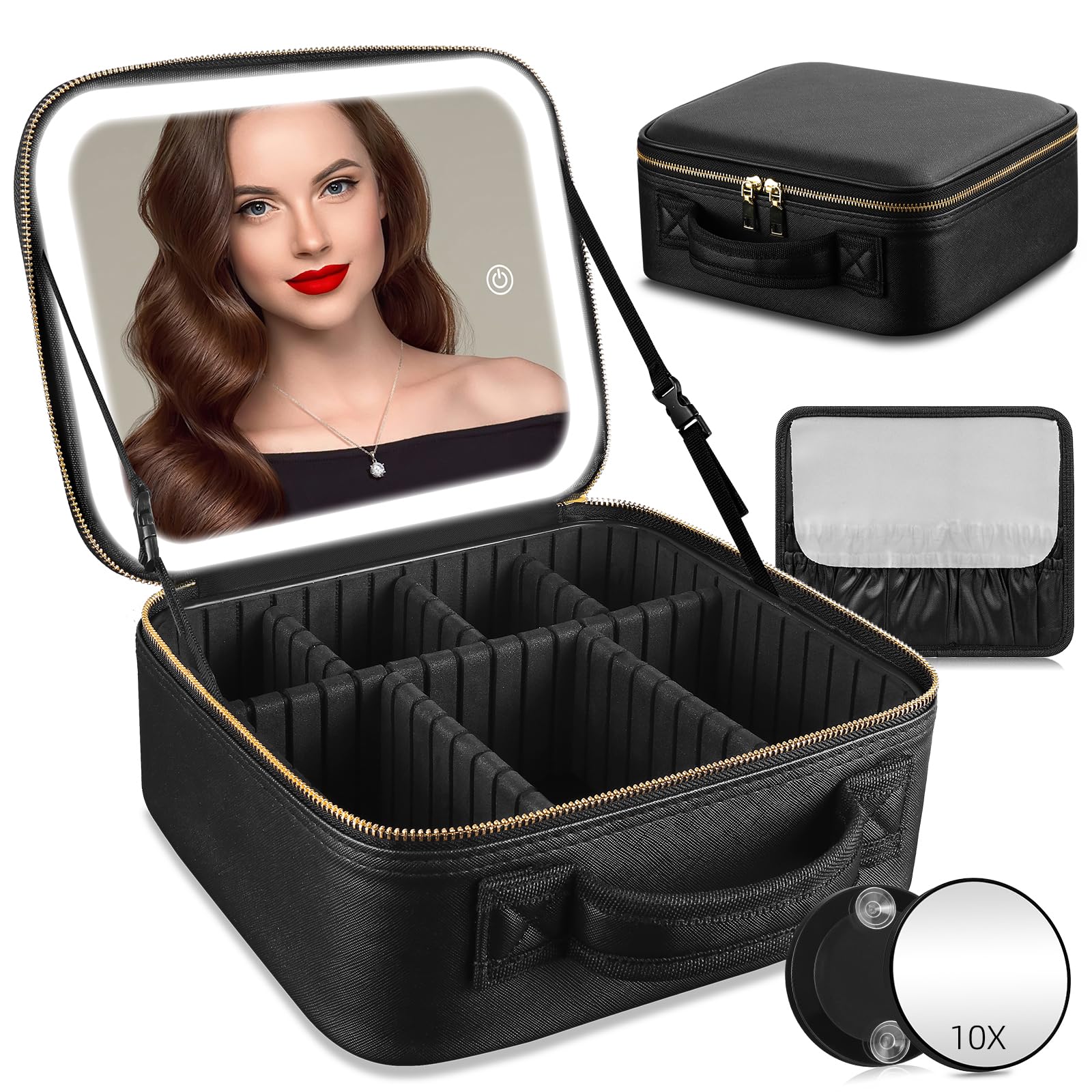 Bolsa de Maquillaje de Viaje Bolsa de cosméticos Bolsa organizadora de Maquillaje con Espejo Iluminado Grande 3 Modos de Color Brillo Ajustable, Impermeable PU Cuero Maquillaje Viaje Tren Caso