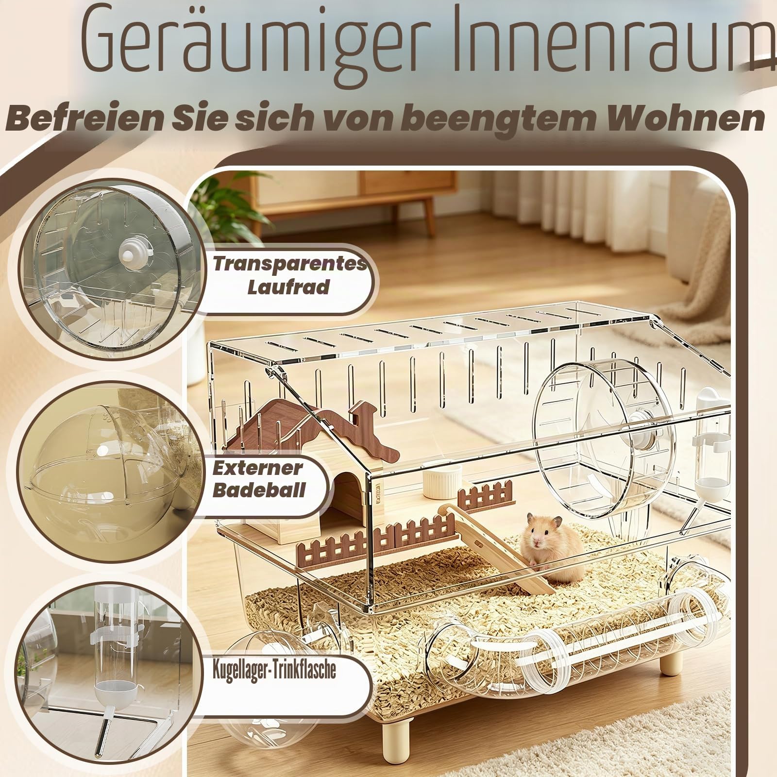 Hamsterkäfig, 43 x 30 x 34 cm Hamster Villa aus Acryl mit Ruhebereich Übungsrad Tunnel Außenbadezimmer Wasserkocher Futternapf Doppelstöckiges Hamsterhaus für Kleintiere Zuhause zum Spielen und Toben