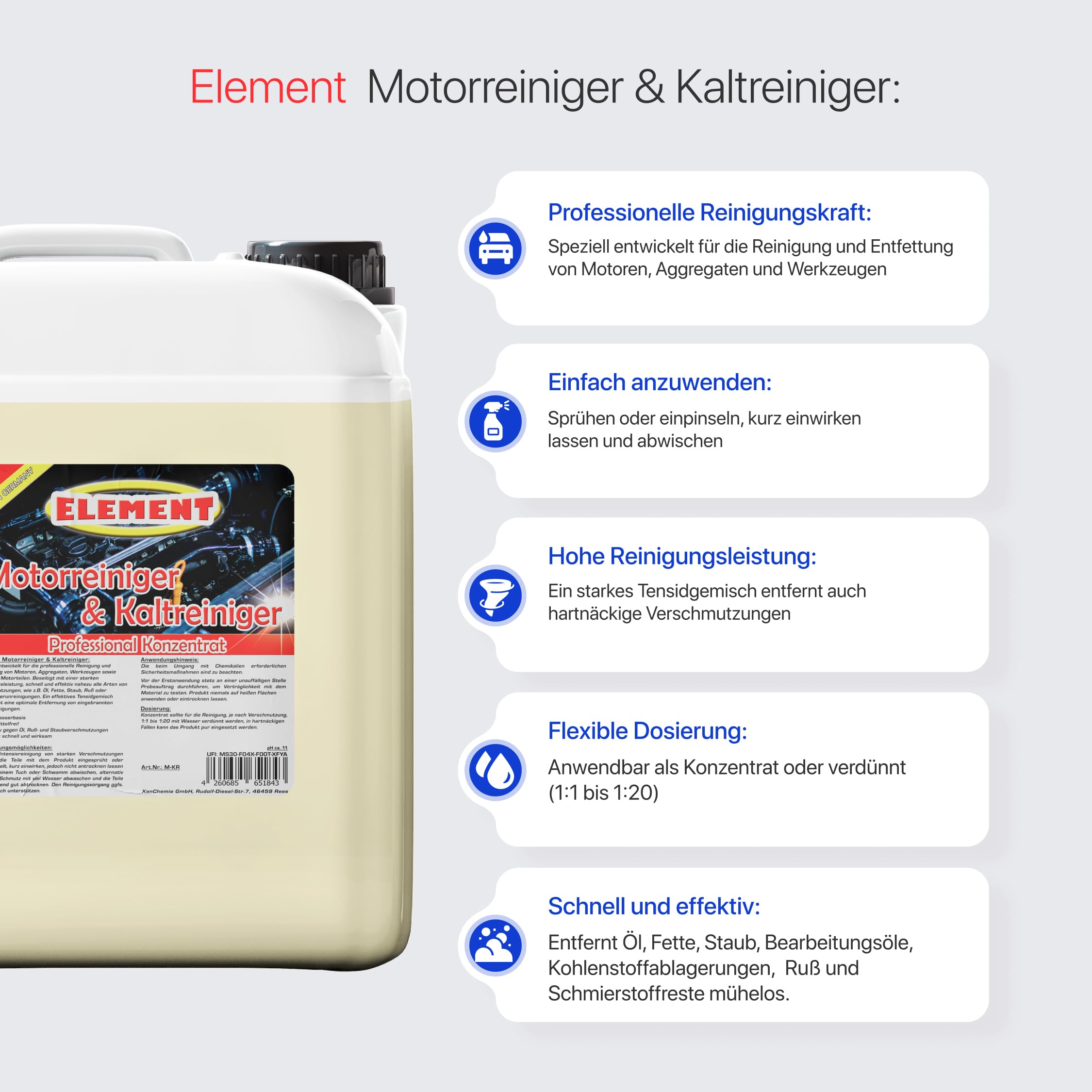 Element 5 Liter Motorkaltreiniger Kaltreiniger Motorreiniger | sparsames Konzentrat | hohe Schmutzlösekraft | Werkstattreiniger | Teilereiniger | Kaltreiniger | Motorreiniger