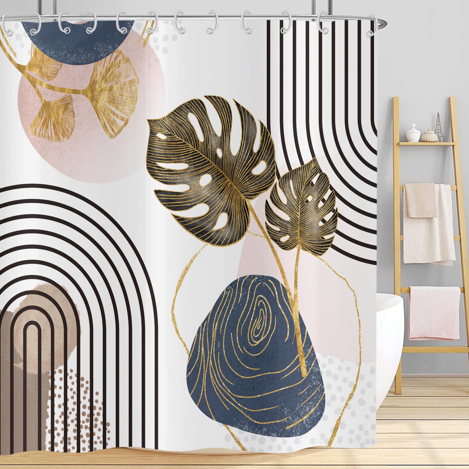 Hnmdmyi Boho Shower Curtain 180x200, Mid Century Abstract Tropical Leaves Navy Blue Gold Pink Modern Geometric Minimalist Aesthetic Art Bathroom Shower Curtains Waterproof Fabric Bath Curtains