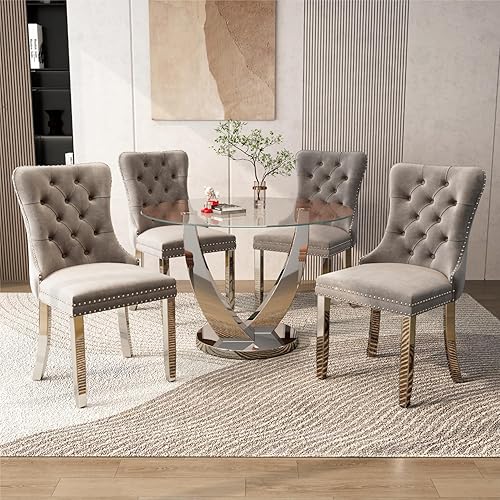 Miniatura 36 de Juego de mesa de comedor redonda de vidrio de 38.9 pulgadas para 4, mesa de comedor redonda con 4 sillas de cocina tapizadas de terciopelo, juego