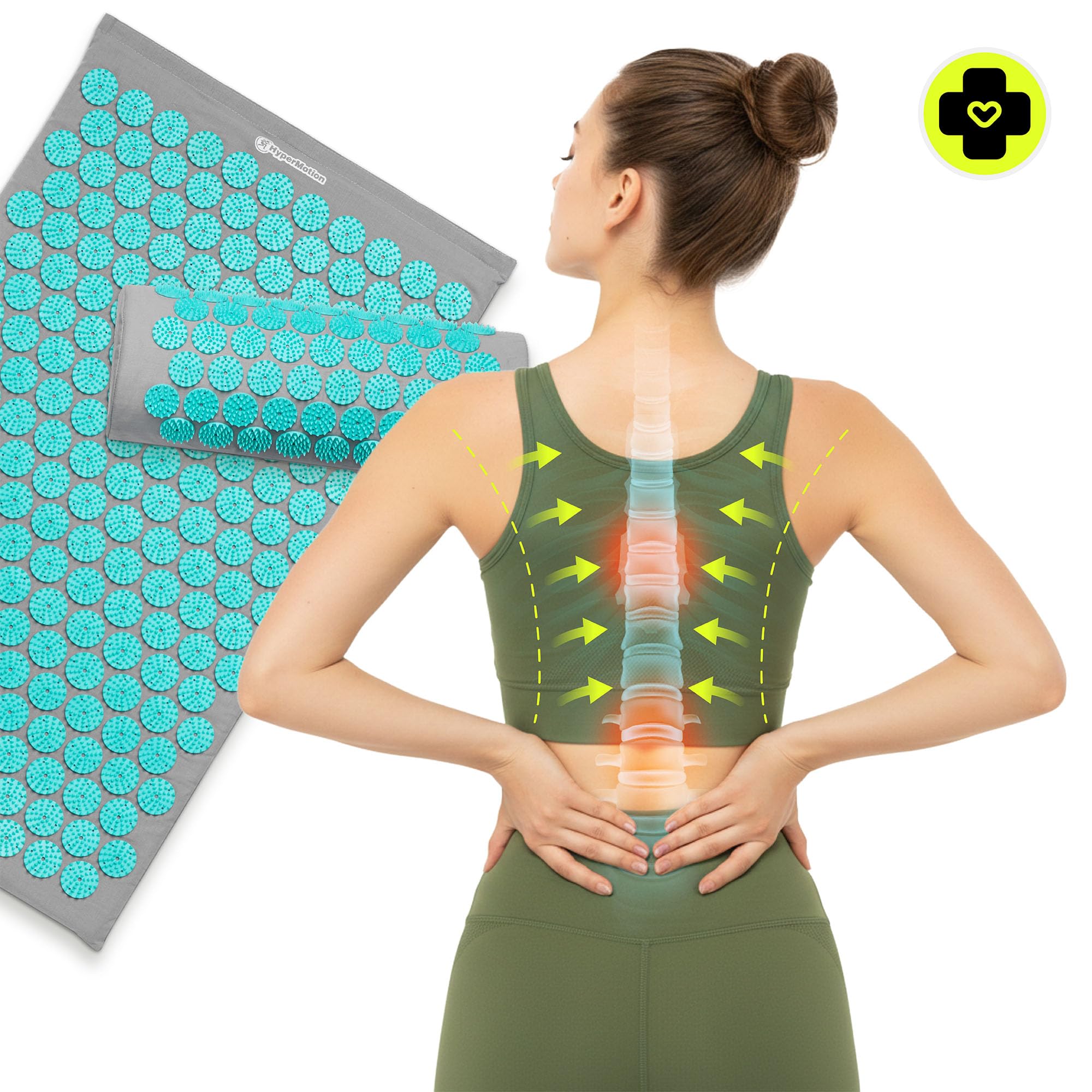 HyperMotion Akupressurmatte mit Kissen Eco - Akupunktur Matte - Massagematte Ganzkörpermassage, Akupressurmatte Set für Entspannung, Kokosfaser und Buchweizen, Grau-Mint, 72 x 42 x 2 cm